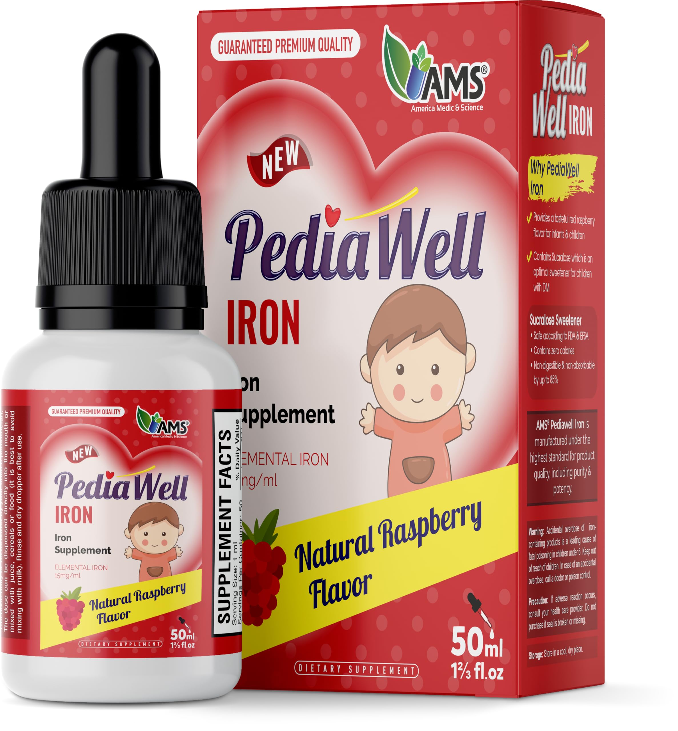 America Medic & Science PediaWell Iron (50 mL) | Ferrous Sulfate Dietary Supplement | Liquid Iron Drops for Infants, Toddlers, and Tweens | Enhanced Immune Support and Brain Development
