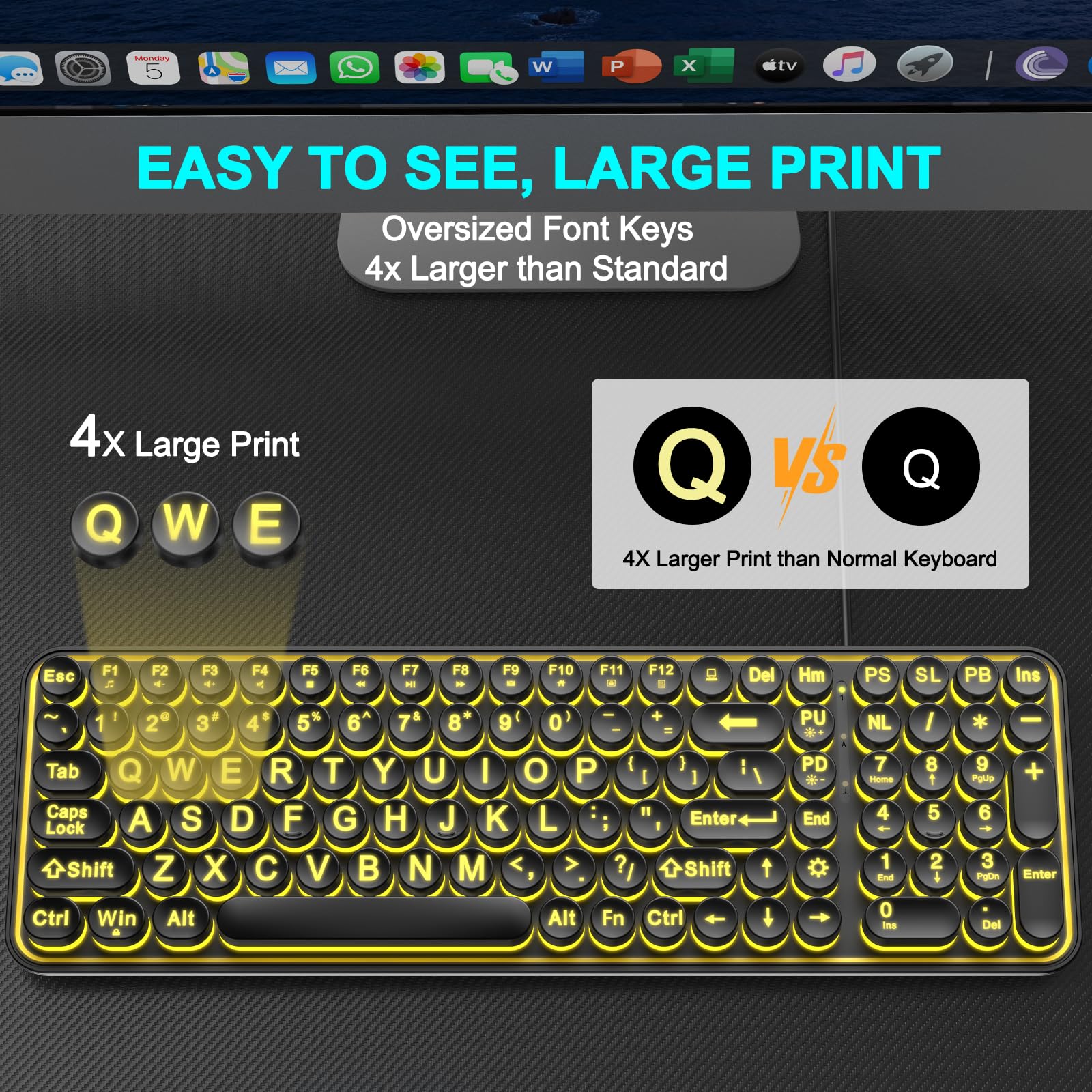 The EDJO Large Print Backlit Keyboard features oversized, easy-to-read keys and customizable 7-color backlighting.