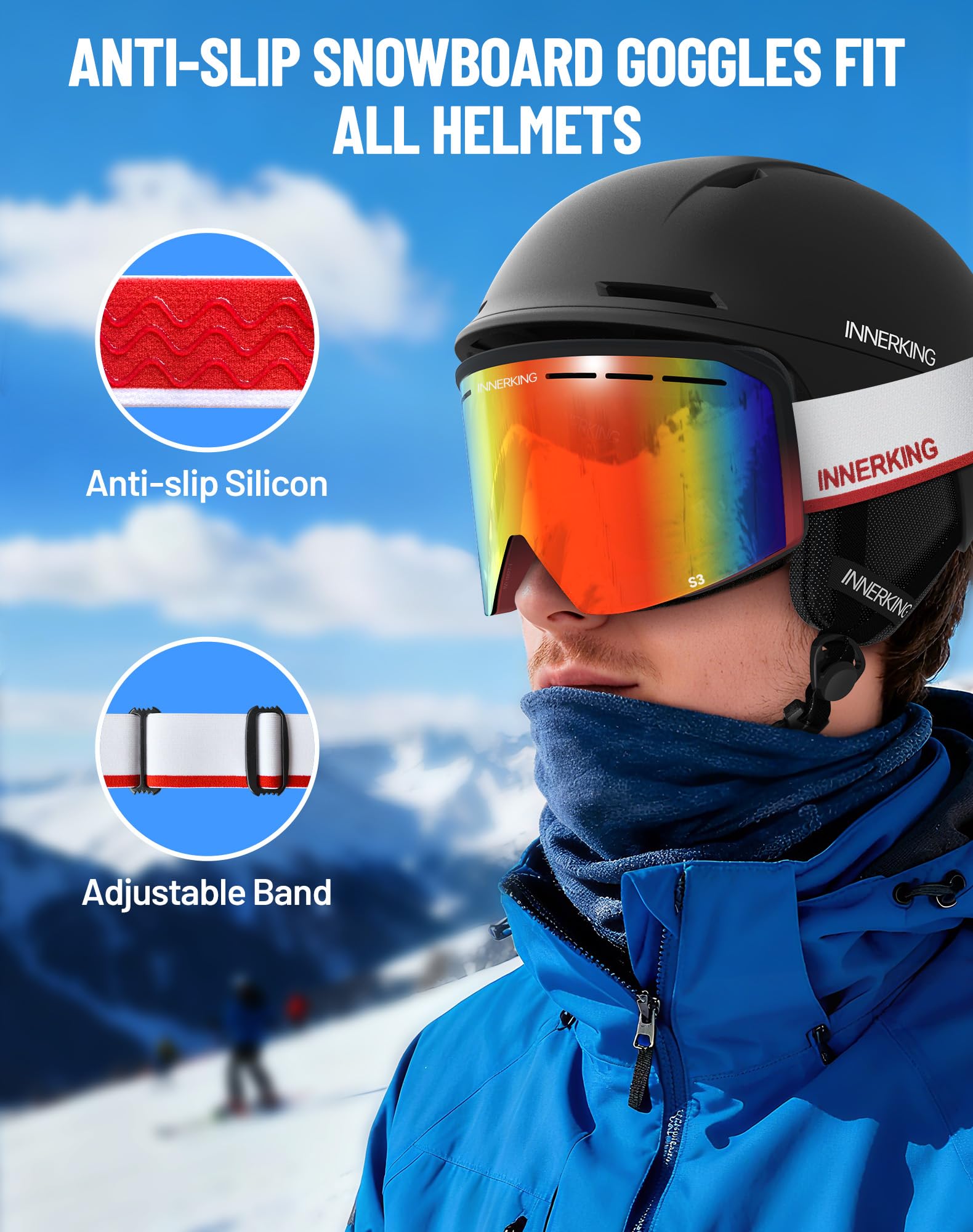 Innerking Occhiali da sci/snowboard OTG per uomini, donne e ragazzi – Occhiali da neve anti-appannamento 100% UV400 protezione GR15