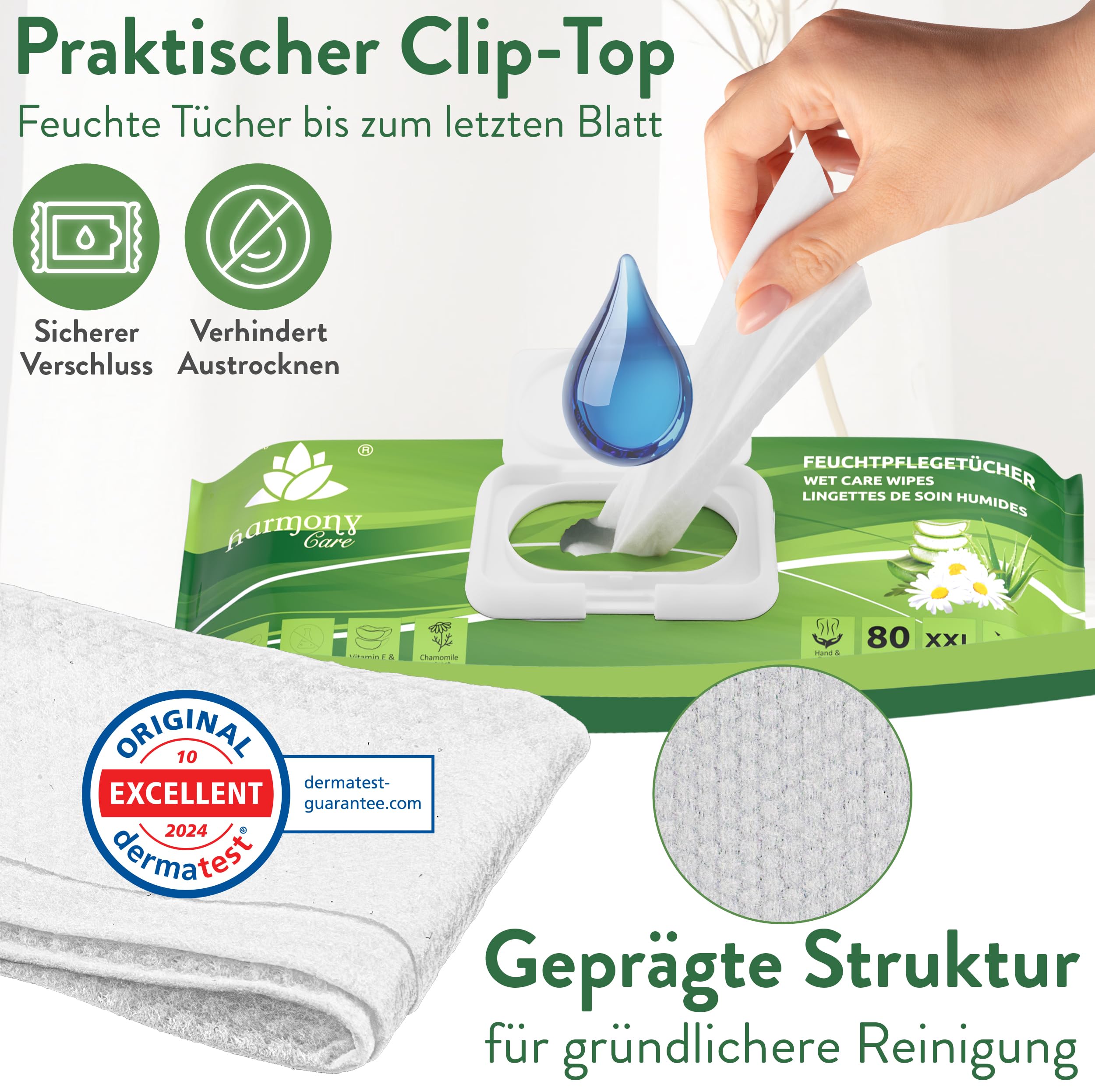 Harmony Care® Premium Feuchttücher für Erwachsene für die alltägliche Pflege – XXL Feuchtpflegetücher extra dick mit hautschonenden Extrakten - Intimpflegetücher Alkohol- und Parabenfrei - 800 Stück