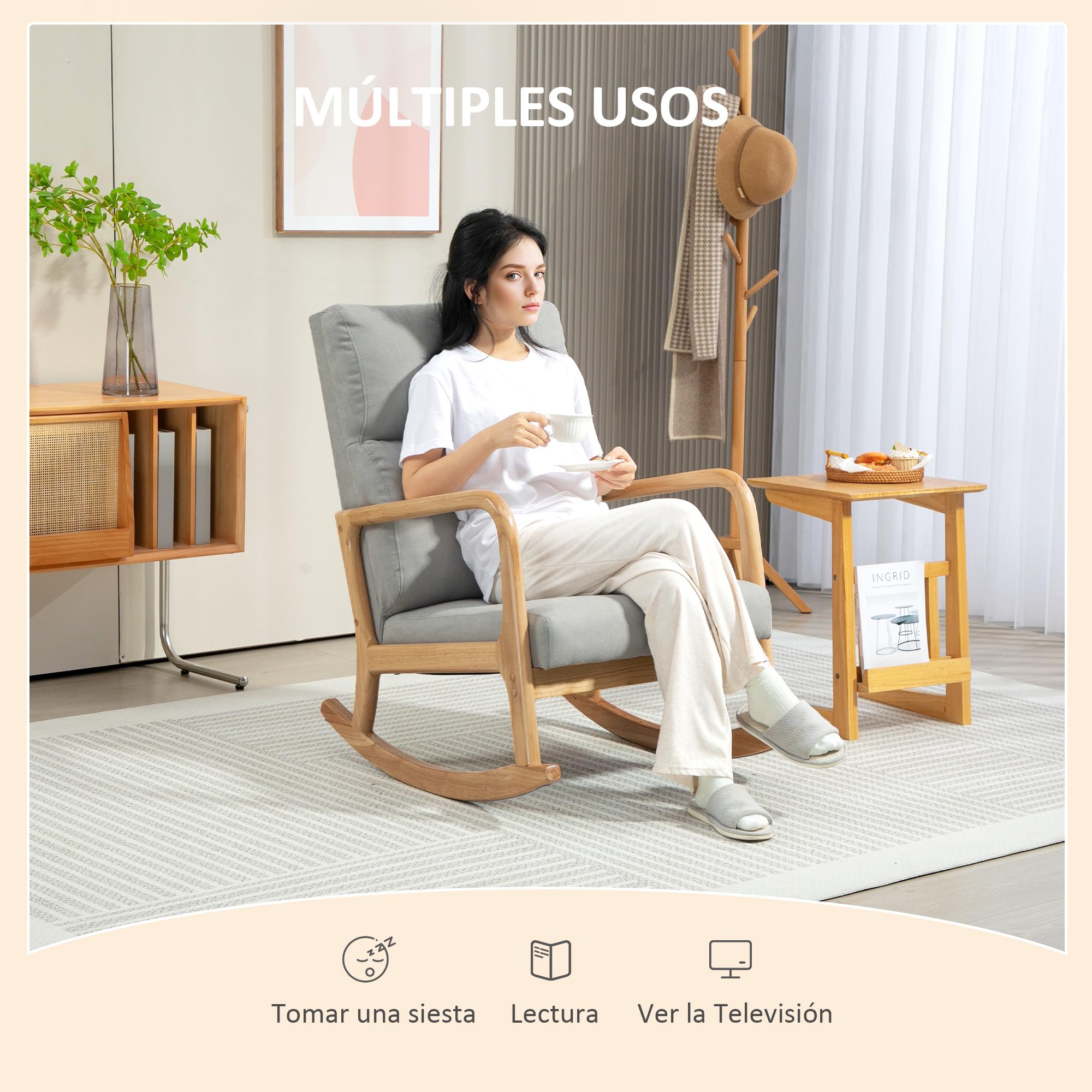 HOMCOM Mecedora Tapizada en Lino Silla Mecedora con Patas de Madera de Caucho y Reposabrazos Mecedora para Lactancia Carga 150 kg para Dormitorio Salón Gris