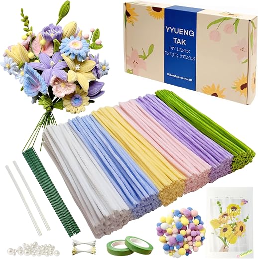 500 Yellow & Blue Pipe Cleaners Flower kit(Candy-Colored),Chenille Stems for DIY Art Projects Creative Gift,Pipe Cleaners Craft with tutoria,Pearls,Pompoms,Green Floral Wires,Stamen