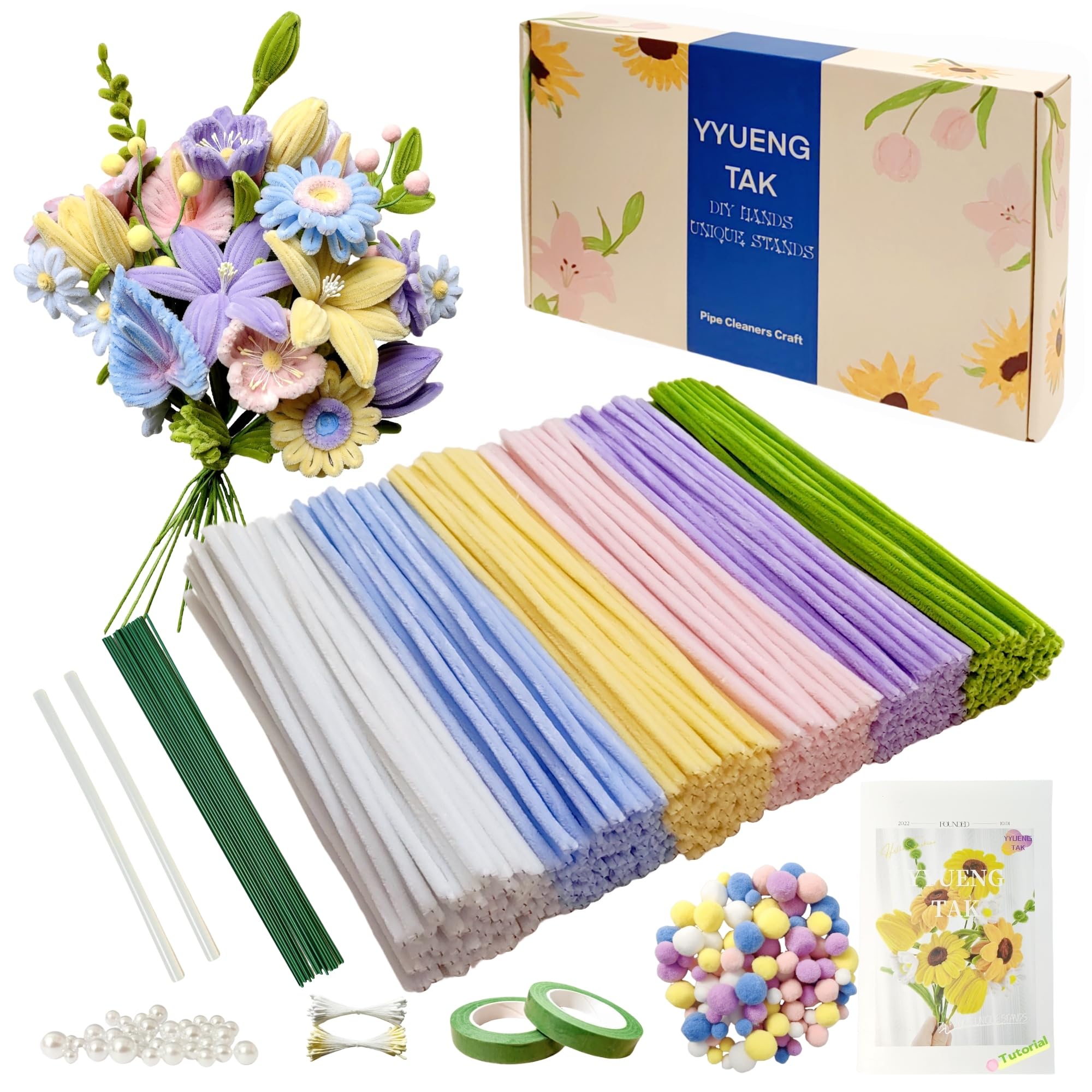 YYUENG TAK 500 Stück Pfeifenreiniger Blumen Set(6 Farben),Pfeifenputzer zum Basteln Blumen,pipe cleaners flower,mit Anweisungen,pompons,20 Stück Blumendraht,2 verschiedene Staubblatt,Klebeband