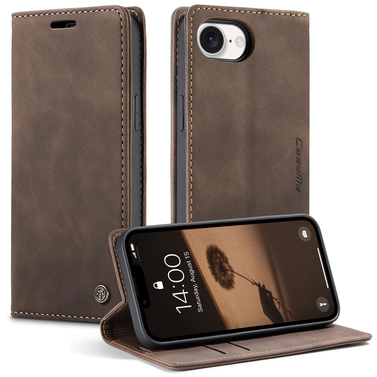 Handyhülle für iPhone 16e/iPhone 17e, PU Leder Folio Wallet Hülle mit Kartenhalter und Kickstand, Premium TPU stoßfeste Innenhülle, Schutzhülle Folio Cover Kompatibel mit iPhone 16e/iPhone 17e-Kaffee