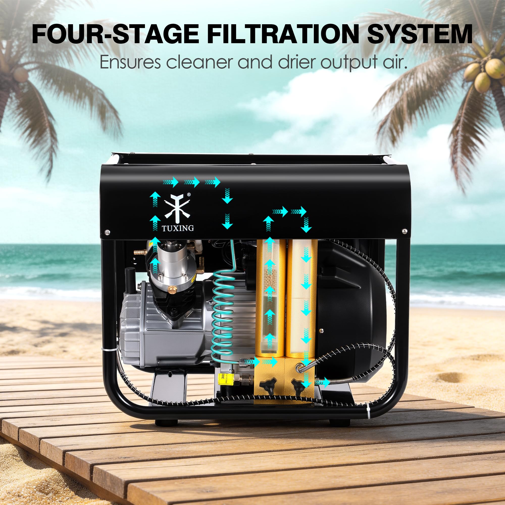 TUXING 4500Psi PCP-Luftkompressor, eingebauter zweistufiger Filter mit Wasser-Öl-Abscheider, Auto-Stopp-Version, zum Laden von Paintball-/Tauchflaschen, 220 V (TXEDM042)