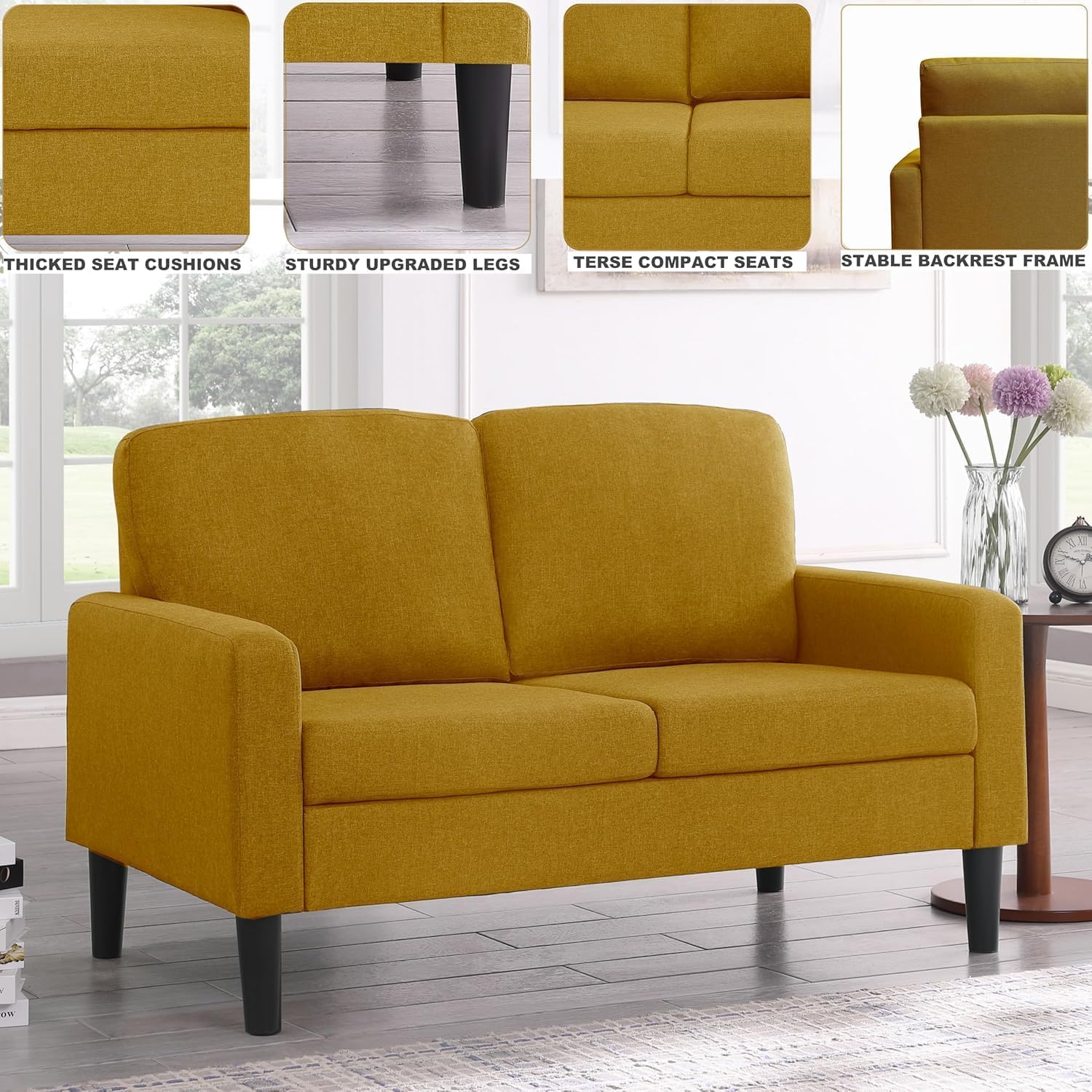 Flesser Loveseat Sofa 53" Small Couch Yellow Love Seat for Small Sapces, Comfy Linen Fabric 2 Seater Couch for Bedroom Apartment, Office, All-Wood Couches Tool-Free