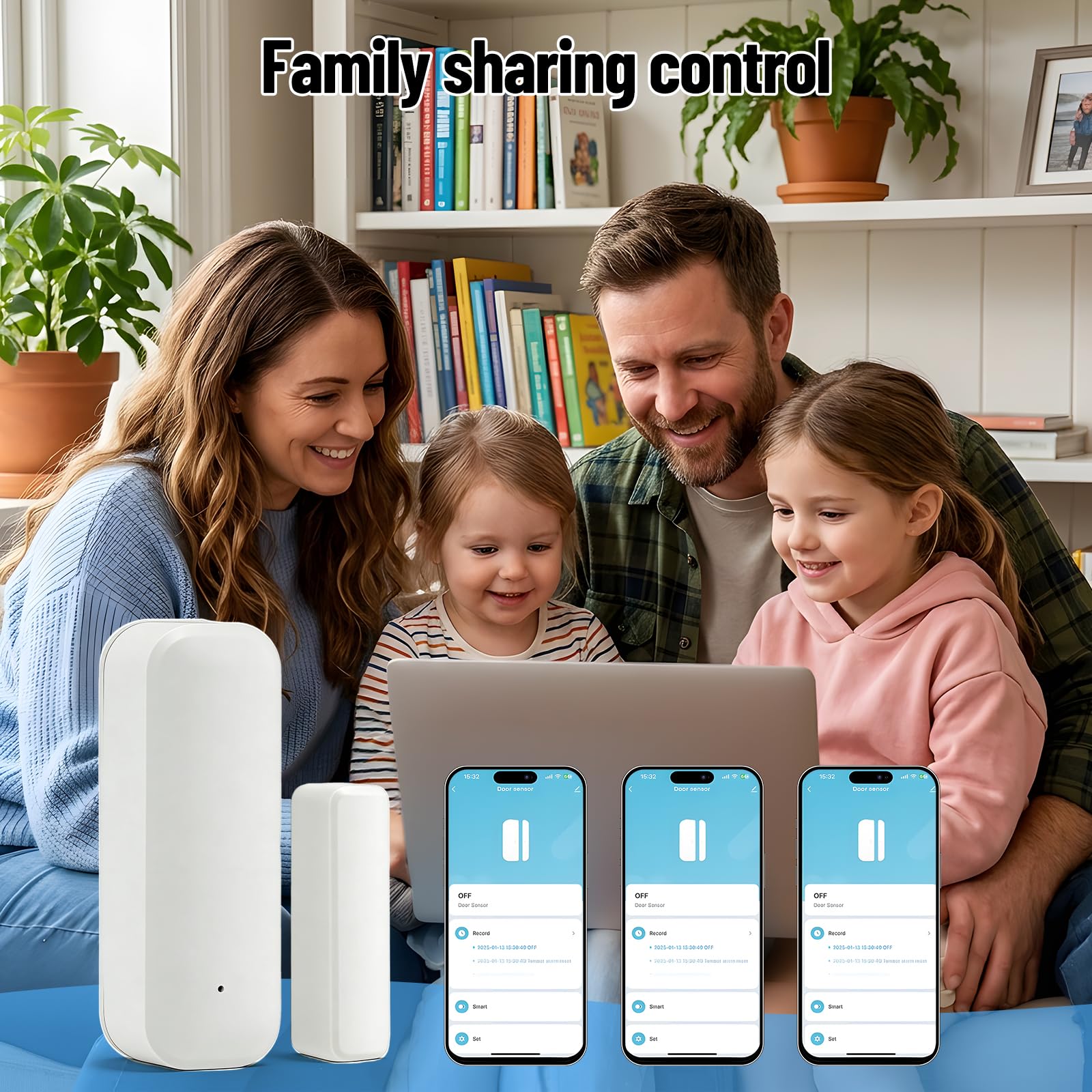 Sensor de puerta y ventana WiFi (paquete de 4) – Smart Home magnético con notificación de aplicación, compatible con Alexa/Google Assistant para mayor seguridad en casa, apartamento y garaje