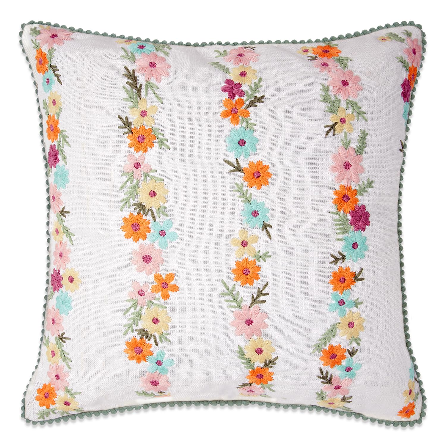 haus & kinder Decorative Embroidered Cushion Cover | Cotton Velvet Front Throw Pillow Cushion Cover for Sofa Living Room | 16inch x 16inch | Floral Stripes