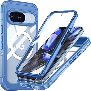 Google Pixel10 / Pixel 10 Pro ケース MagSafe対応 全面カバー 両面ケース ガラスフィルム付き 360度全面保護 ピクセル10 プロ カバー 耐衝撃 アウトドア,薄ブルー