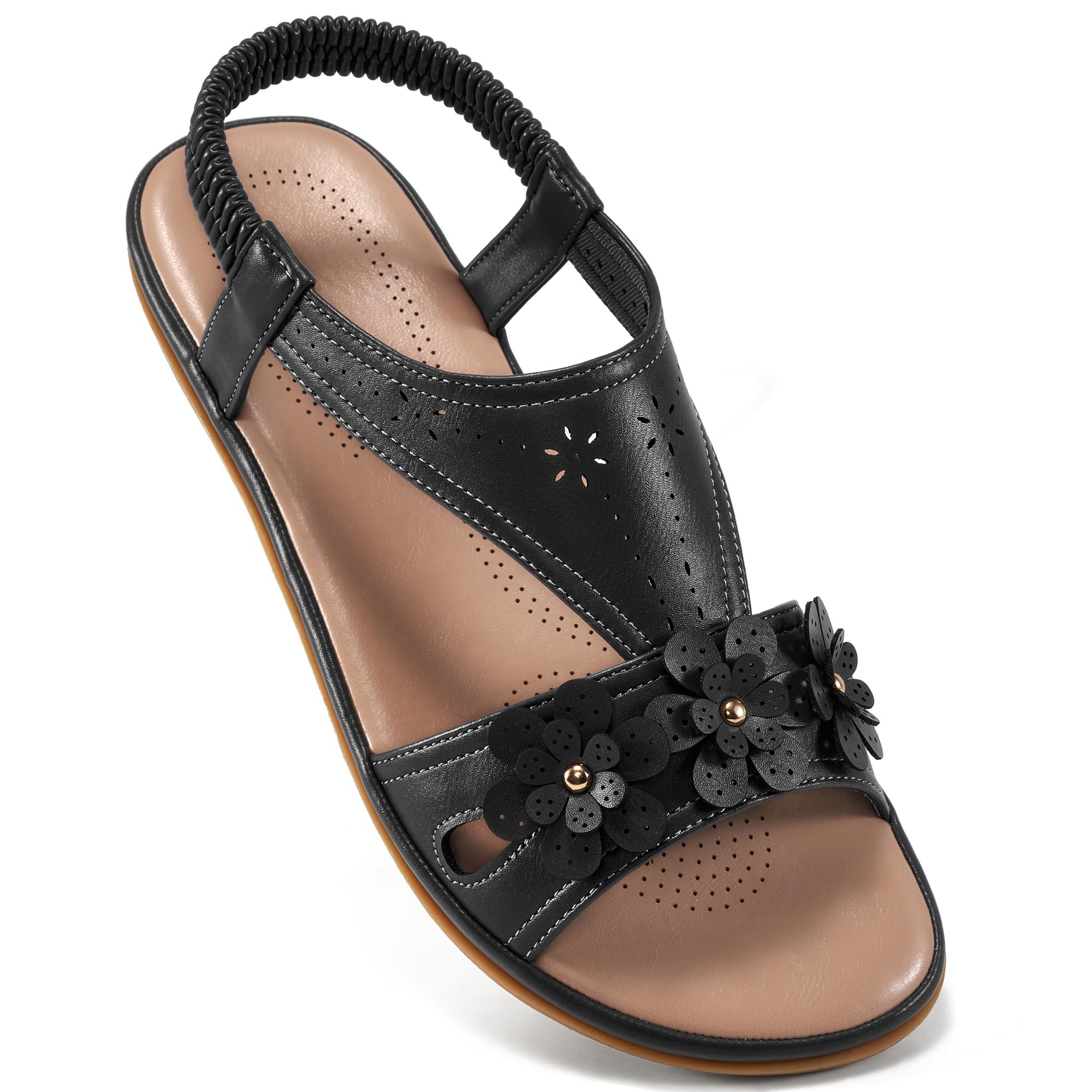 Ecetana Womens Sandals Dressy Summer Beach Casual Elastic Strap Slip on Flat Shoes with Memory Foam