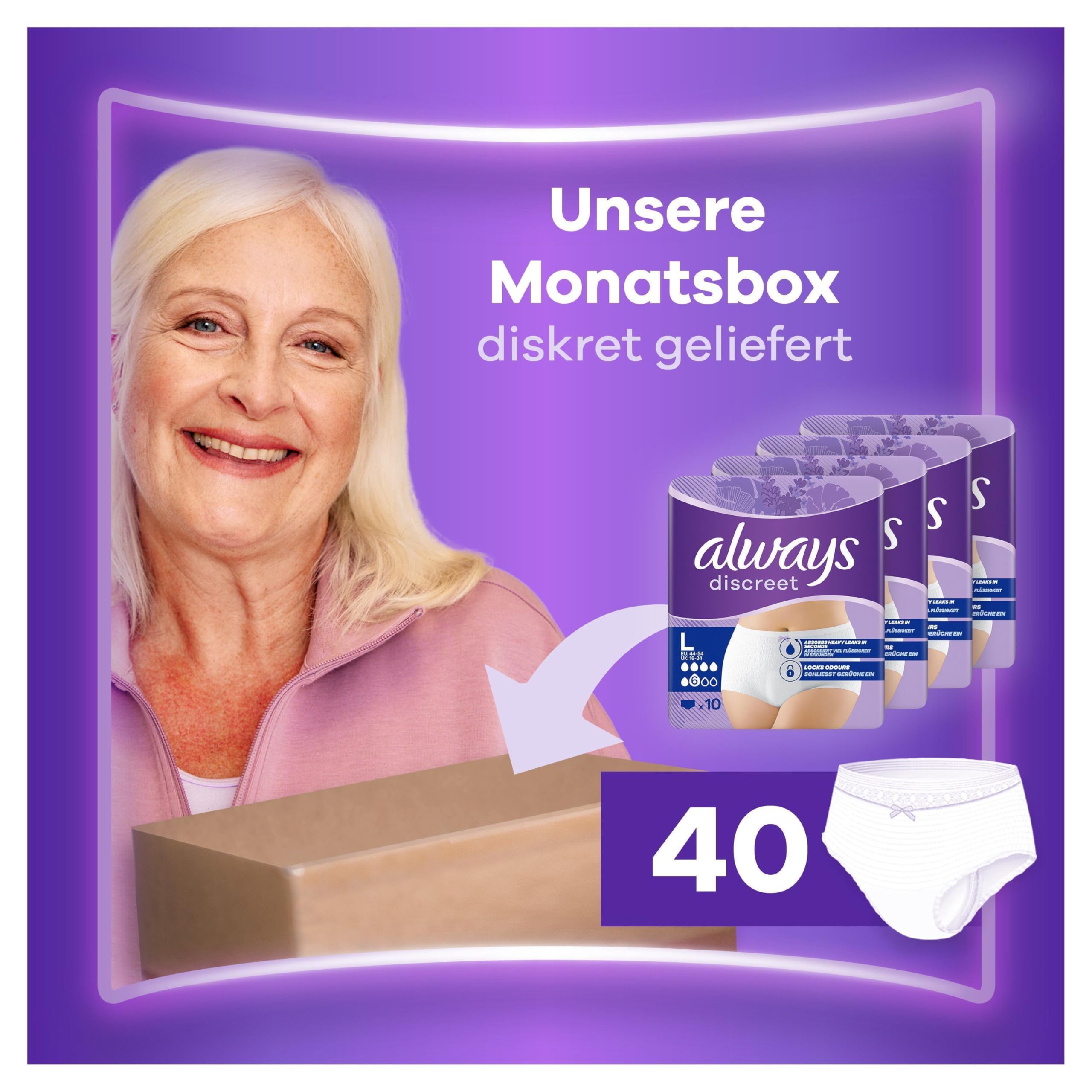 Always Discreet Inkontinenz-Höschen Normal Für Frauen, L, 40 Höschen, Verhindert Auslaufen Und Gerüche, Angenehm Und Kaum Spürbar