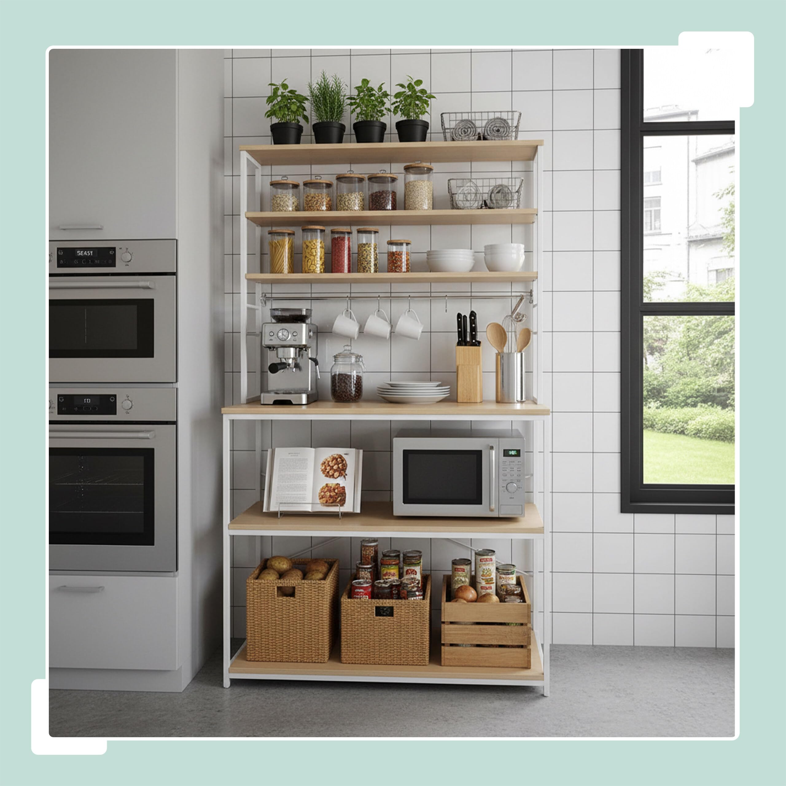 Relaxdays Estantería de Cocina con 6 baldas, encimera, 167×100×40 cm, para microondas, Natural/Blanco