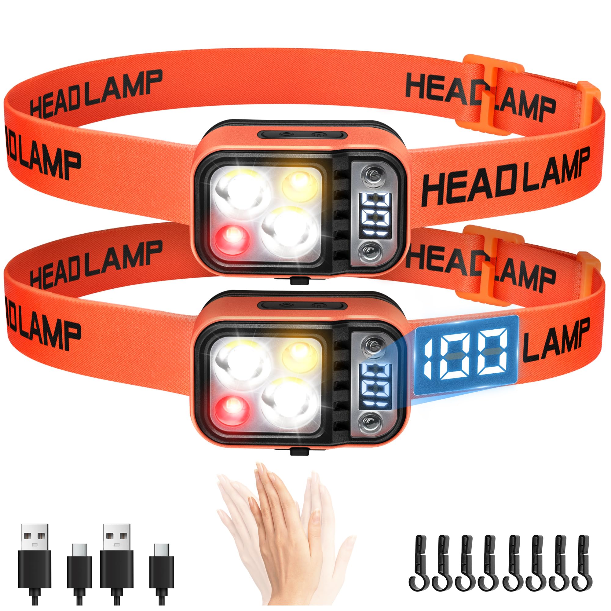 DARKBEAM LED Head Torch High Lumens USB Rechargeable Dual Lights Headlamp for Hardhat with Motion Sensor, Digital Power Display, Up/Down Adjustable, Waterproof Headlamps for Cycling, Repairs, 2 Pack โ image 1
