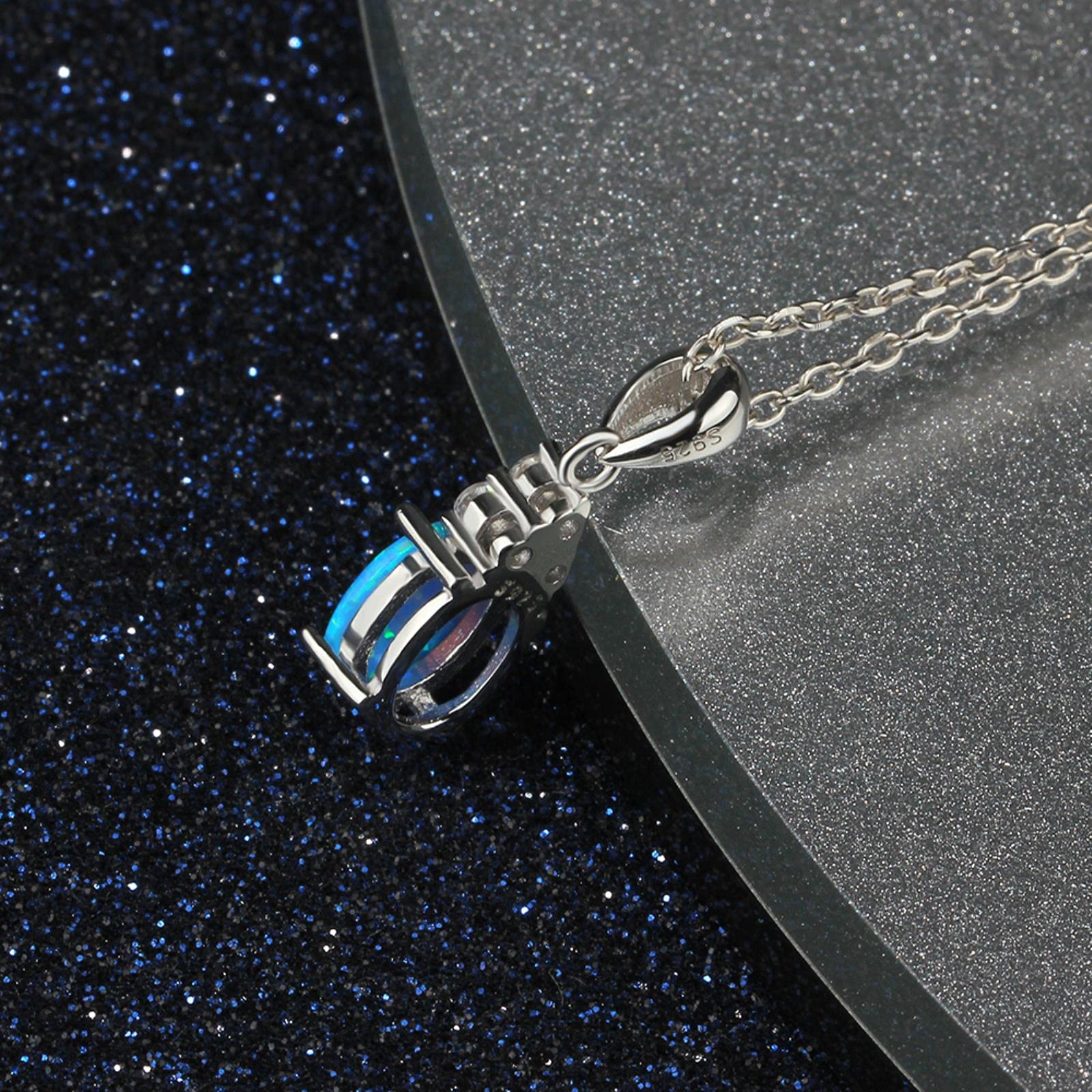 SALAN Collares con Colgante De Plata De Ley 925, Collar De Ópalo Azul Ovalado Creado, Regalo De Joyería Fina De Circonita Cúbica para Mujer