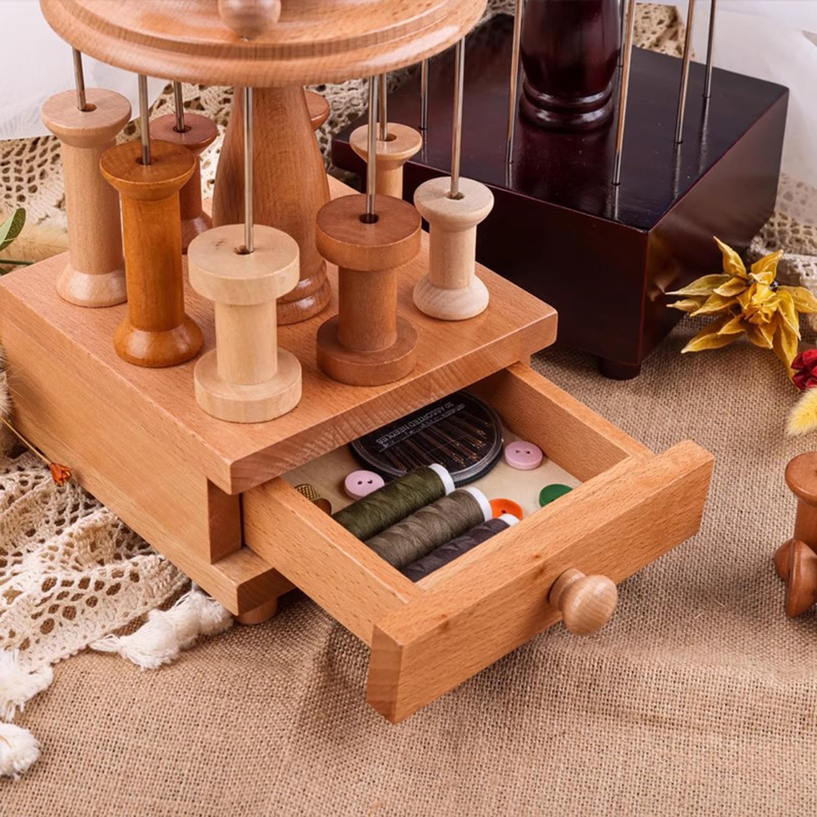 Wooden Sewing Organizer, Solid Wood Needlework Box, Seamstress Sewing Basket, with Drawer, 8 Spool Holders, Top Storage Compartment, for Sewing Supplies, Hobby Craft Tools, Needles Assorted