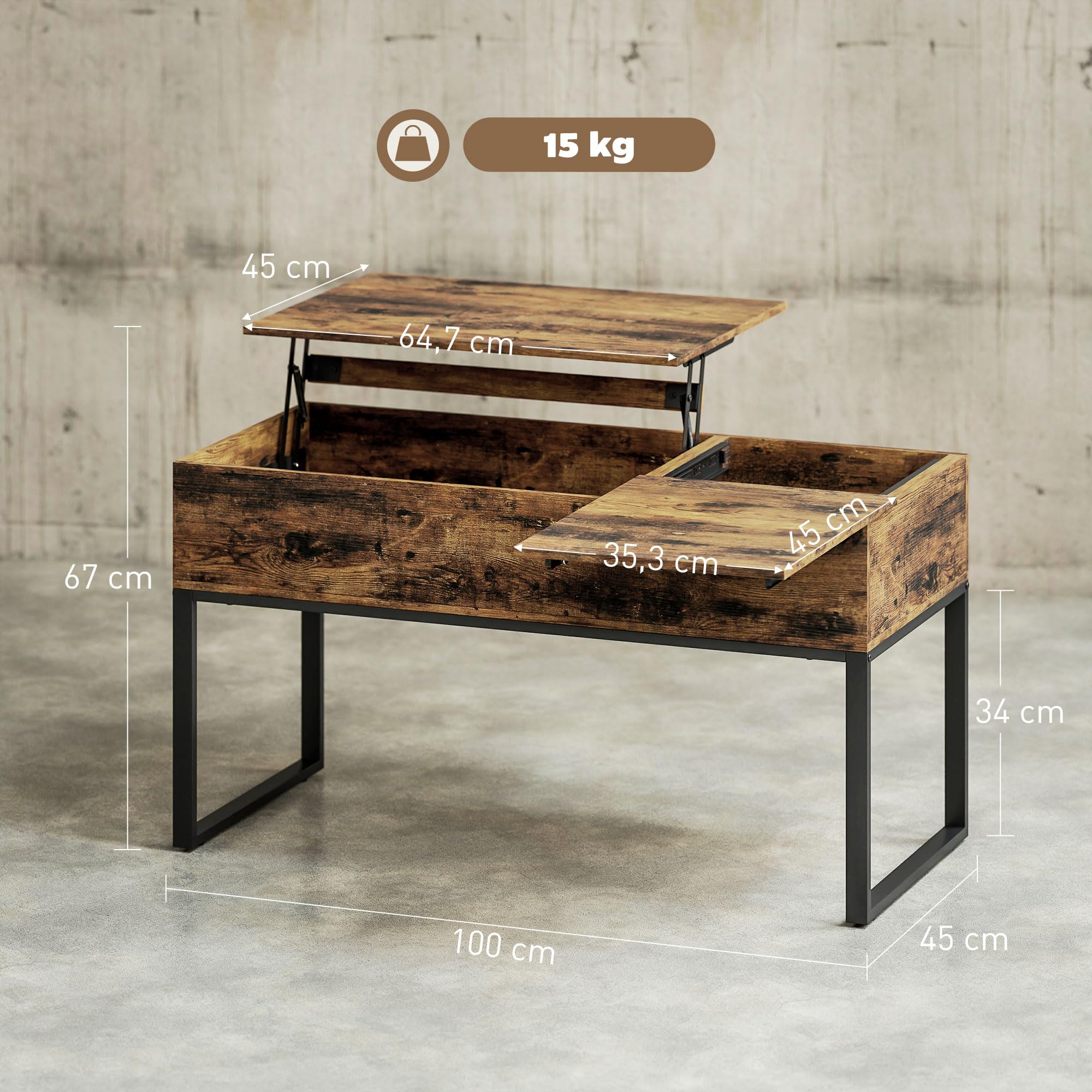 HOMCOM Mesa de Centro Elevable Cierre Suave 100x45x67 cm Marrón Rústico | Mesa de Café, Encimera Deslizante, Espacio Oculto de Almacenaje