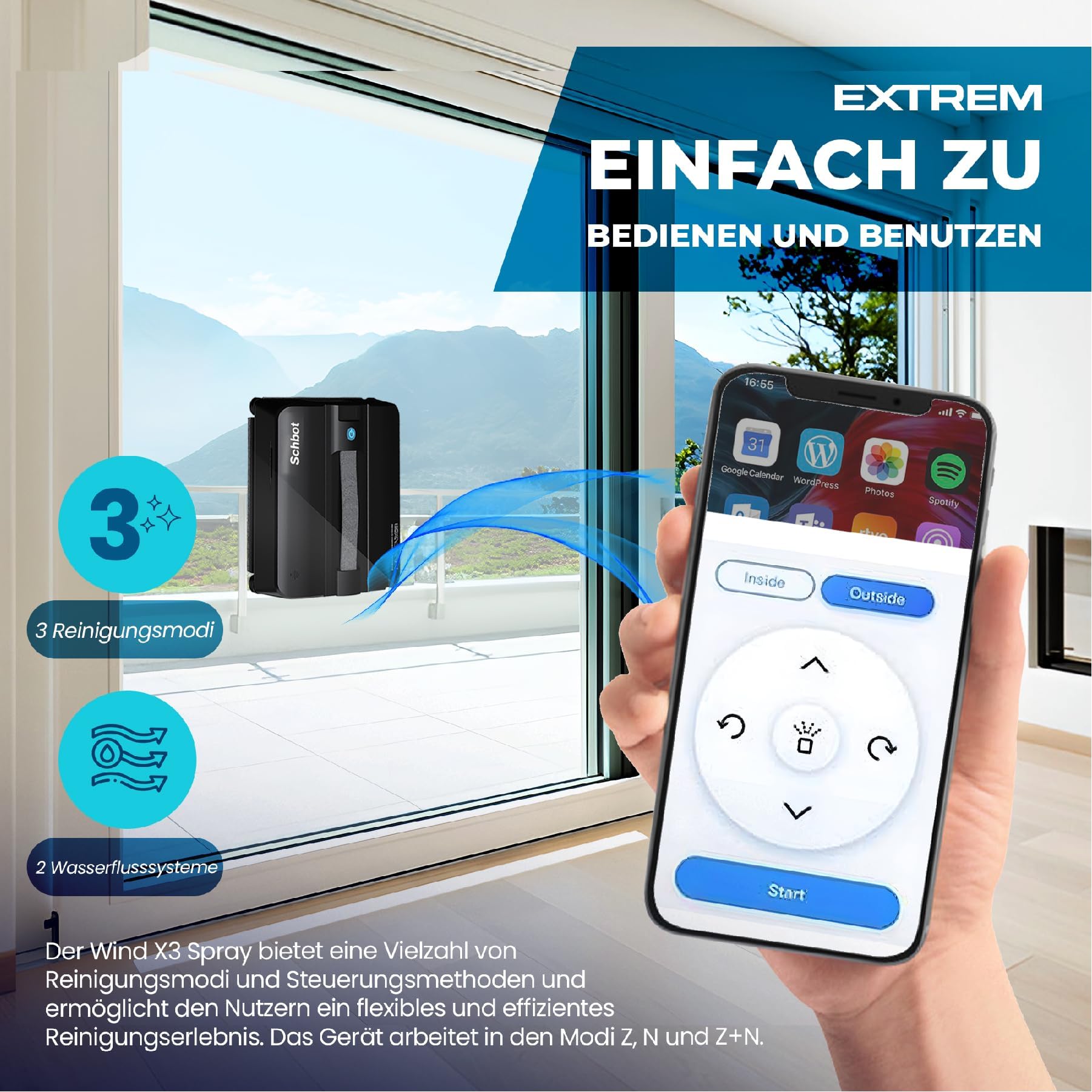 Wind X3 Fensterputzroboter mit Sprühfunktion, Intelligenter Fensterroboter für Innen- und Außenbereich, Elektrischer Fensterreiniger mit 3500 Pa Saugkraft, 60 ml Wassertank, KI-Navigation