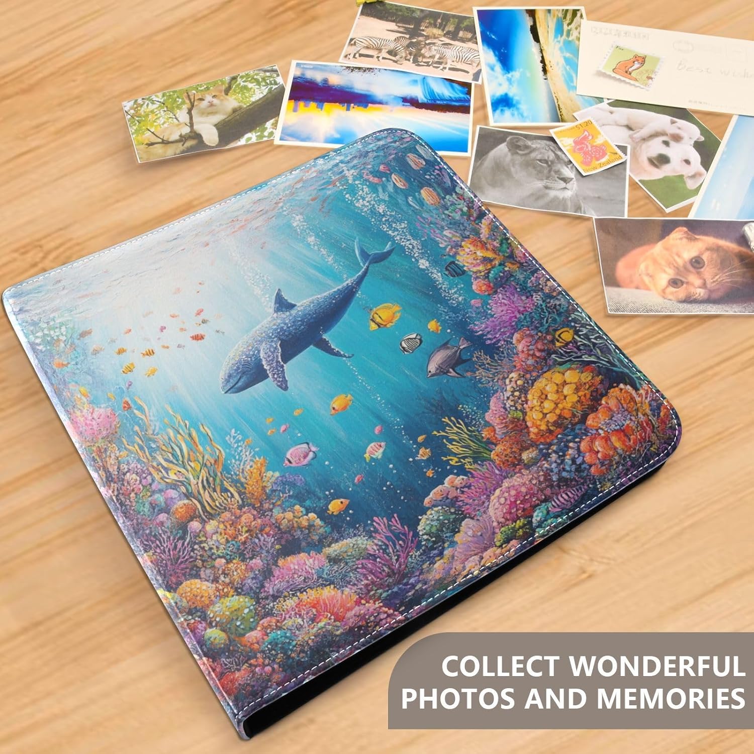 JIPONI Whale under The Sea Large Photo Album, DIY Leather Cover Scrapbook Albums for 4x6 5x7 6x8 Pictures, Self Adhesive Memory Book for Wedding, Baby, Family