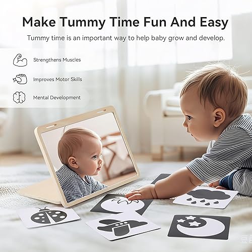 Miniatura 2 de Set de juego de tiempo boca abajo, ángulo ajustable, diseño de doble cara, juguetes Montessori Tummy Time Toys Gran espejo seguro para bebés y