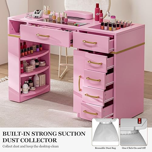 Miniatura 2 de Estación de manicura para uñas para tecnología de uñas, mesa de uñas con parte superior de vidrio con colector de polvo eléctrico, 7 cajones y