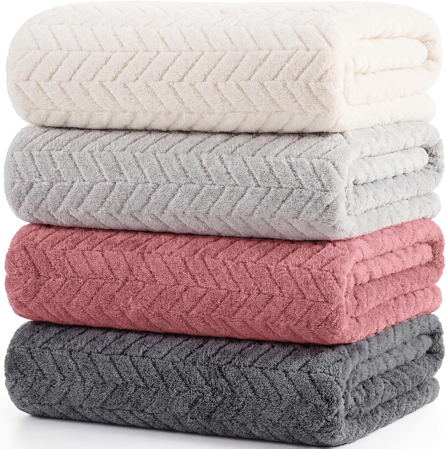 4 Pcs Extra Large Bath Towel Set 35" x 70" Oversized Turkish Luxury Plush Jacquard Bath Sheets Jumbo Soft Coral Velvet Bathroom Sheets Pink Gray Absorbent Blanket for Pool Shower Spa