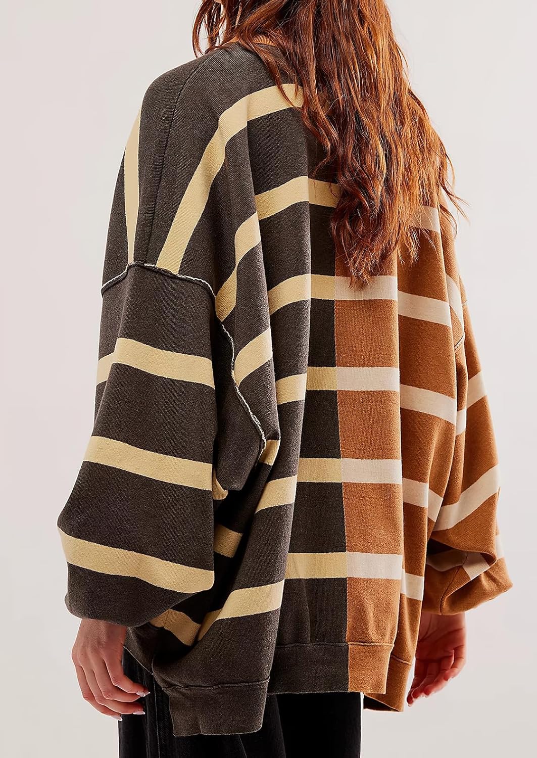 ebossy Women's Vintage Crewneck Long Sleeve Casual Loose Contrast Color Striped Knitted Pullover Sweater Top - Image 2