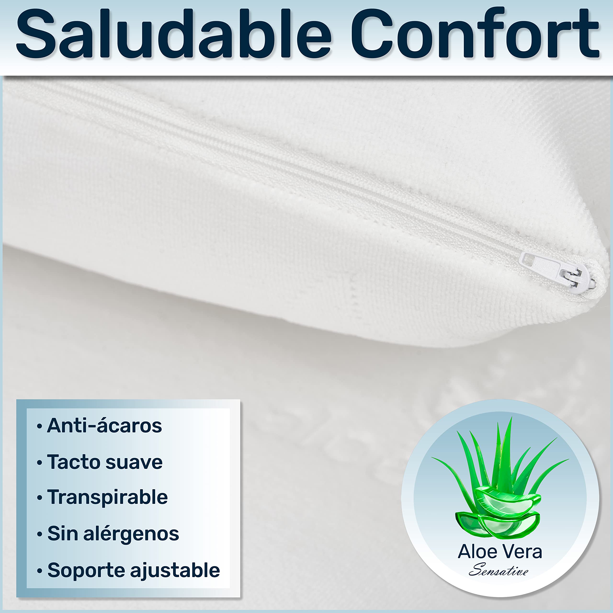 Funda de Almohada Aloe-Vera Sensitive - con Cremallera Lateral -Suave, Transpirable, Ajustable- Funda Protectora de Almohada – Especial Almohadas viscoelásticas. (40x90Cm)