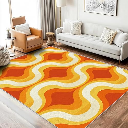 Alfombra lavable de los años 70, 3 x 5, diseño retro abstracto de los años 70, diseño esteticista ondulado, ultra finas y suaves para dormitorio,