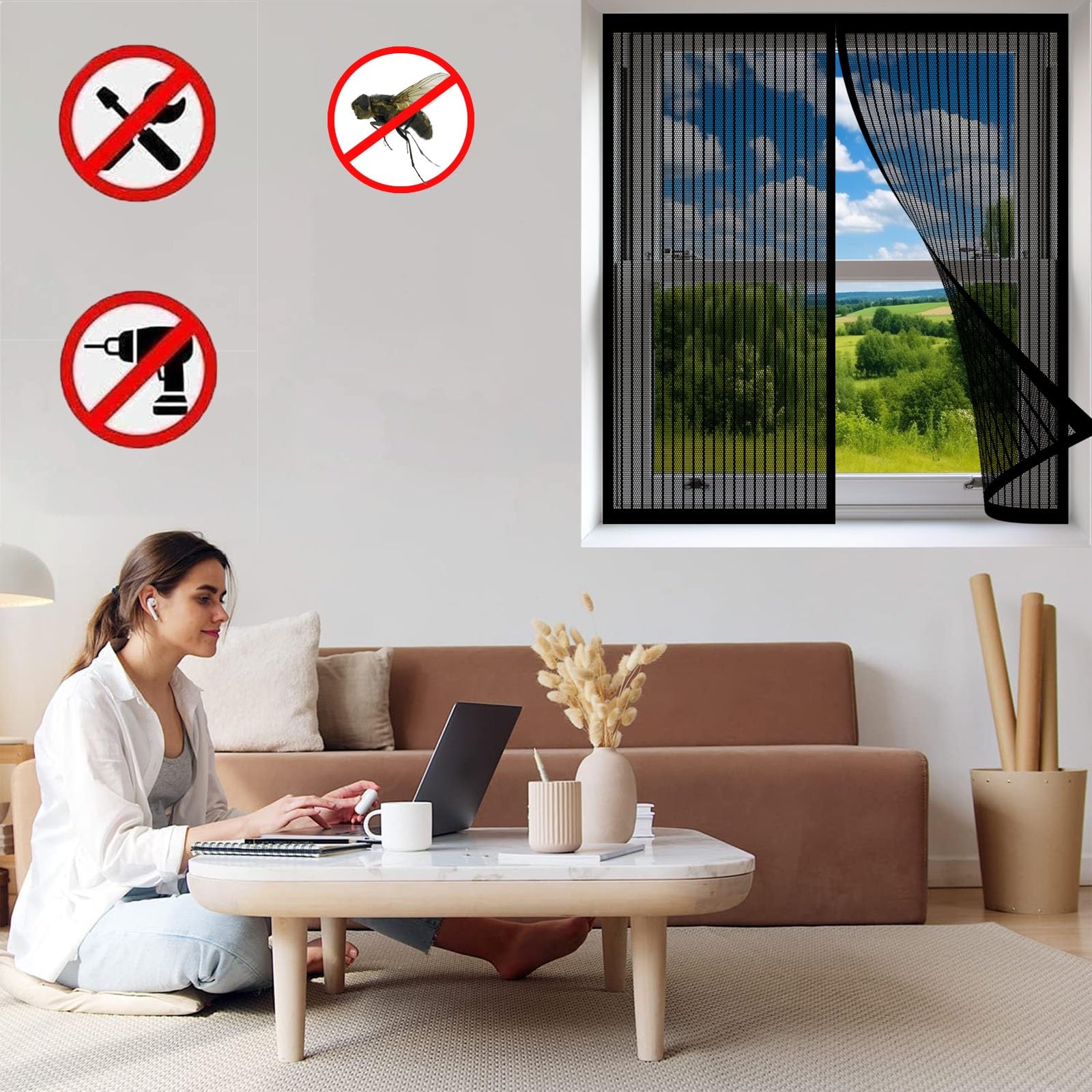 Premium Slim Fliegengitter 220 x 250 cm Profi Insektenschutz Insektenschutz Klettband Klebmontage Ohne Bohren für Alle Arten von Fenstern, Schwarz
