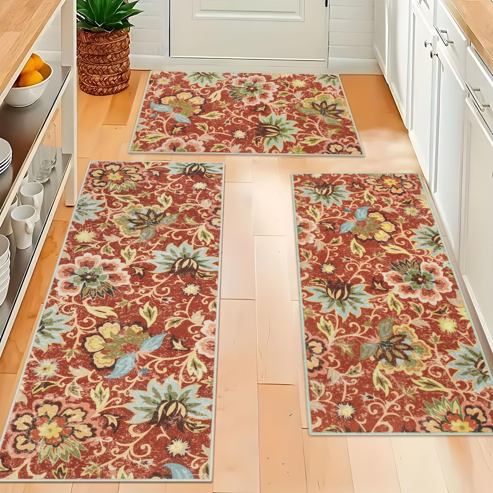 Homcomoda Boho 3 Piece Rug Set with Runner - Non Slip Red Floral Carpet Runner for Kitchen, Laundry, HallwayOEKO-TEX STANDARD 100