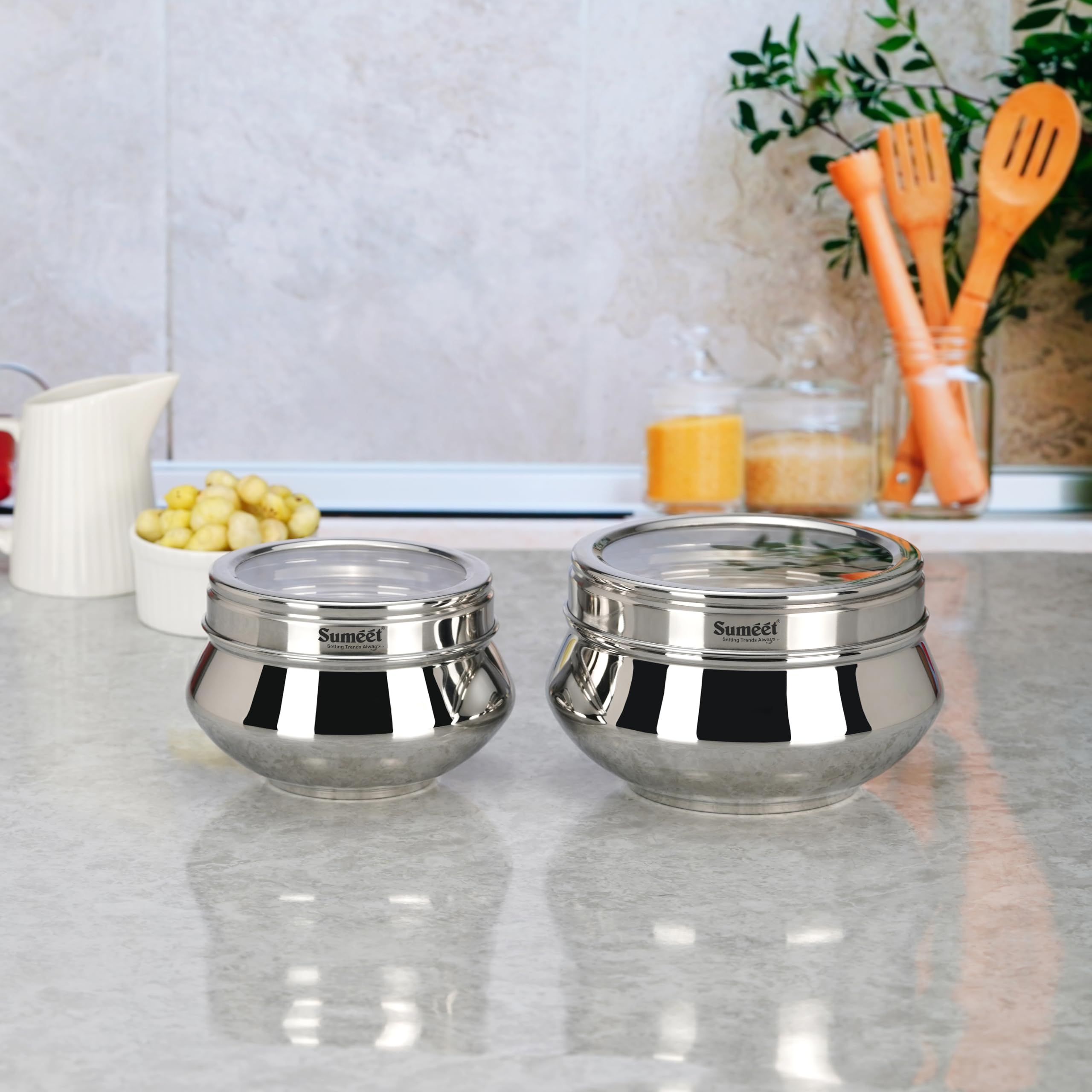 Sumeet Stainless Steel Handi Shape Big Size Canisters/Dabba/Storage Containers Set for kitchen with Transparent See Through Lid, 11.6cm & 14.5cm Dia, 800ml & 1400ml, Pack of 2, Silver (B0CW6GY3ZX) Amazon Price History, Amazon Price Tracker