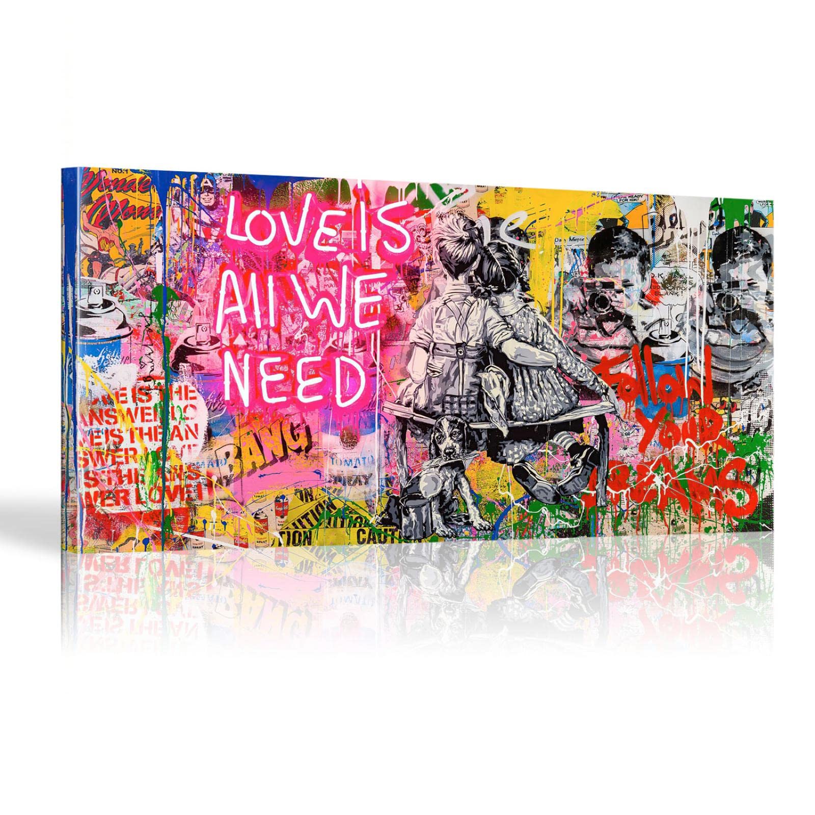 Kading Banksy Wall Art-01 Love Is All We Need- Banksy Graffiti Art Paintings Print On Canvas Art Posters And Prints Street Art Wall Picture Home Decoration 34X67inch/85X170cm With Framed