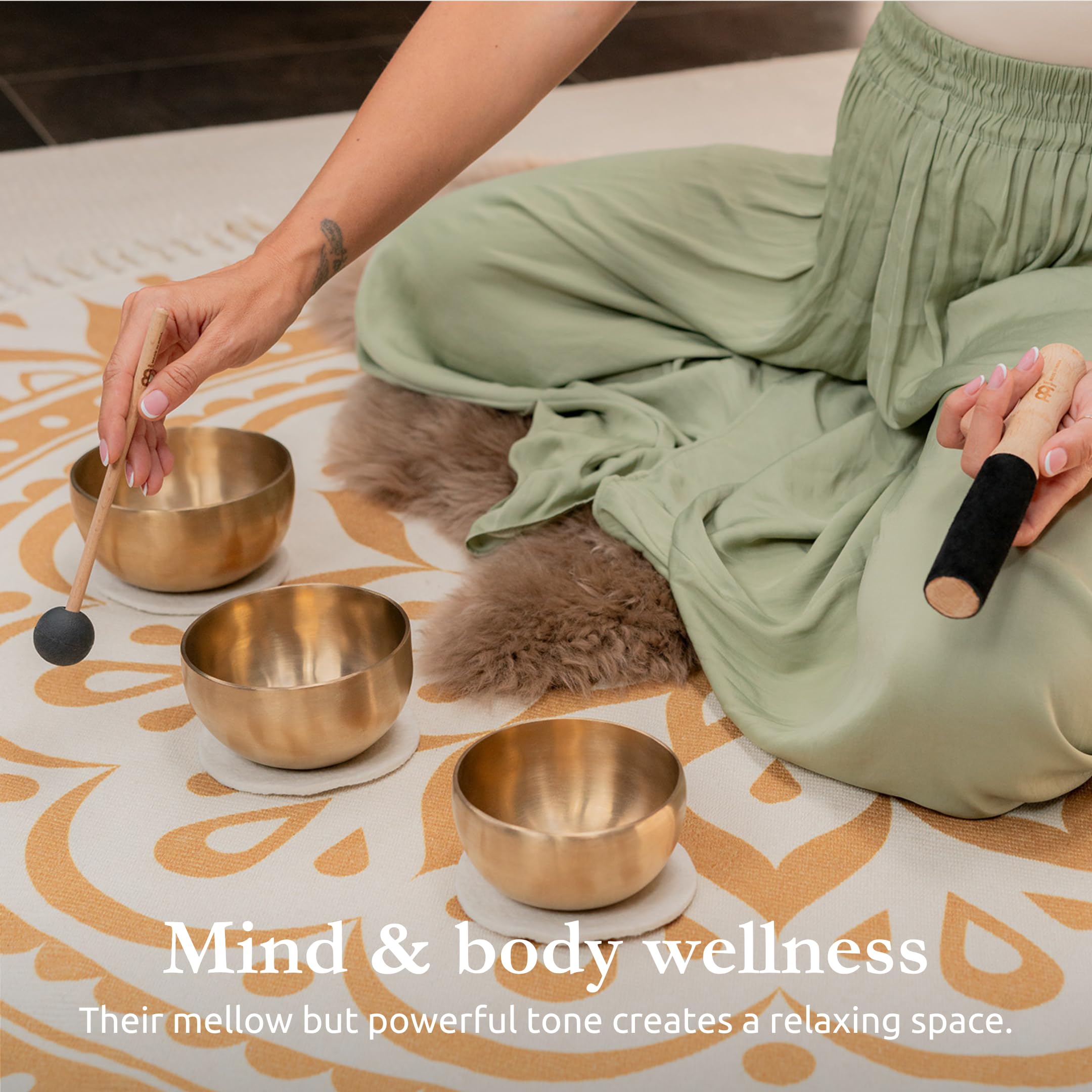 Sonic Energy Klangschalen Yoga Nidra Set – 400/500/600 g – Für Entspannungsyoga, Shavasana – Inkl. Fleece Pad, Untersetzer, Schlägel, Tasche (SB-Y1)