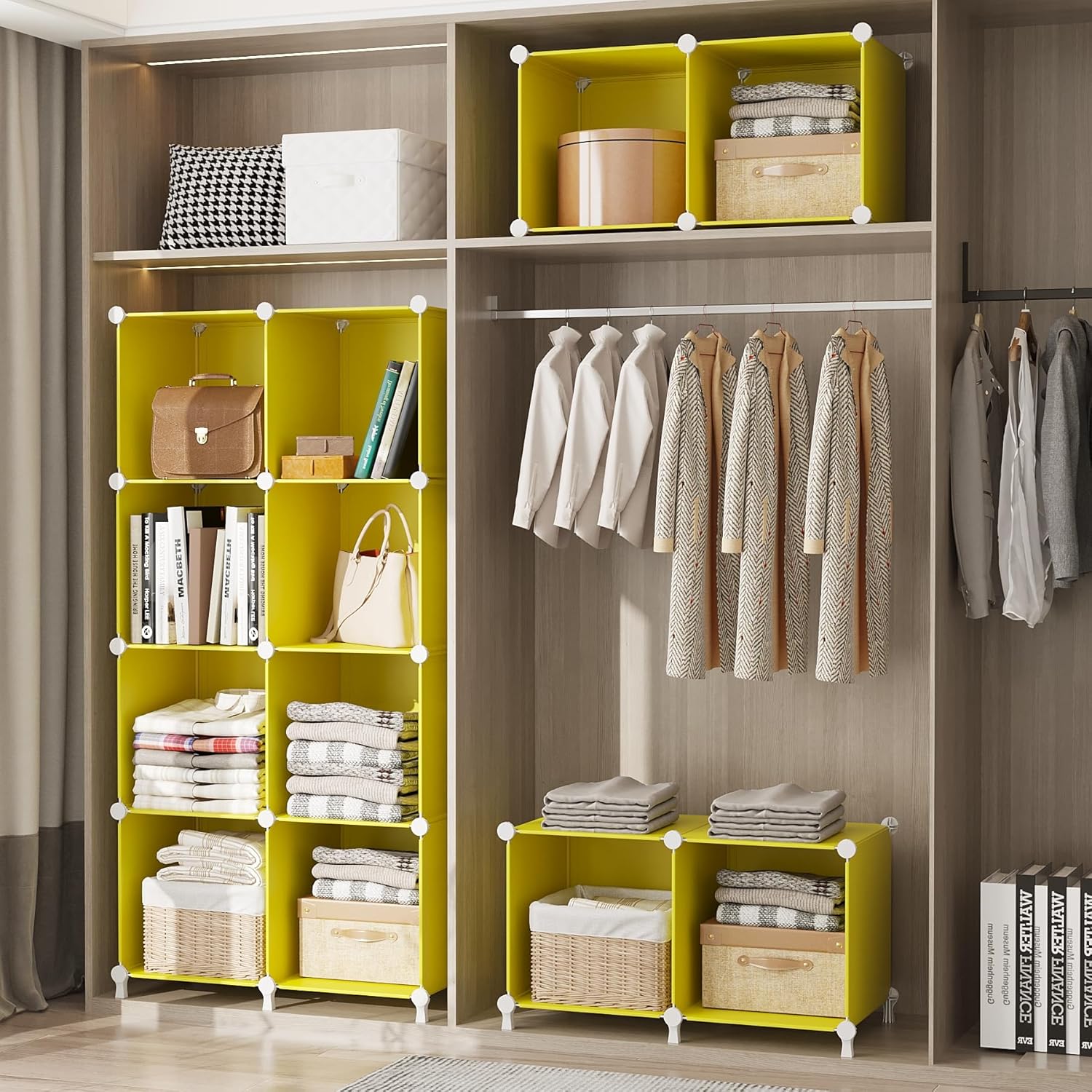 AWTATOS Cube Storage Organizer, Storage Cubes Shelves, 16 Cube Closet Organizers and Storage, DIY Stackable Bookshelf Plastic Clothes Organizer Shelving for Bedroom, Home, Yellow - Image 5