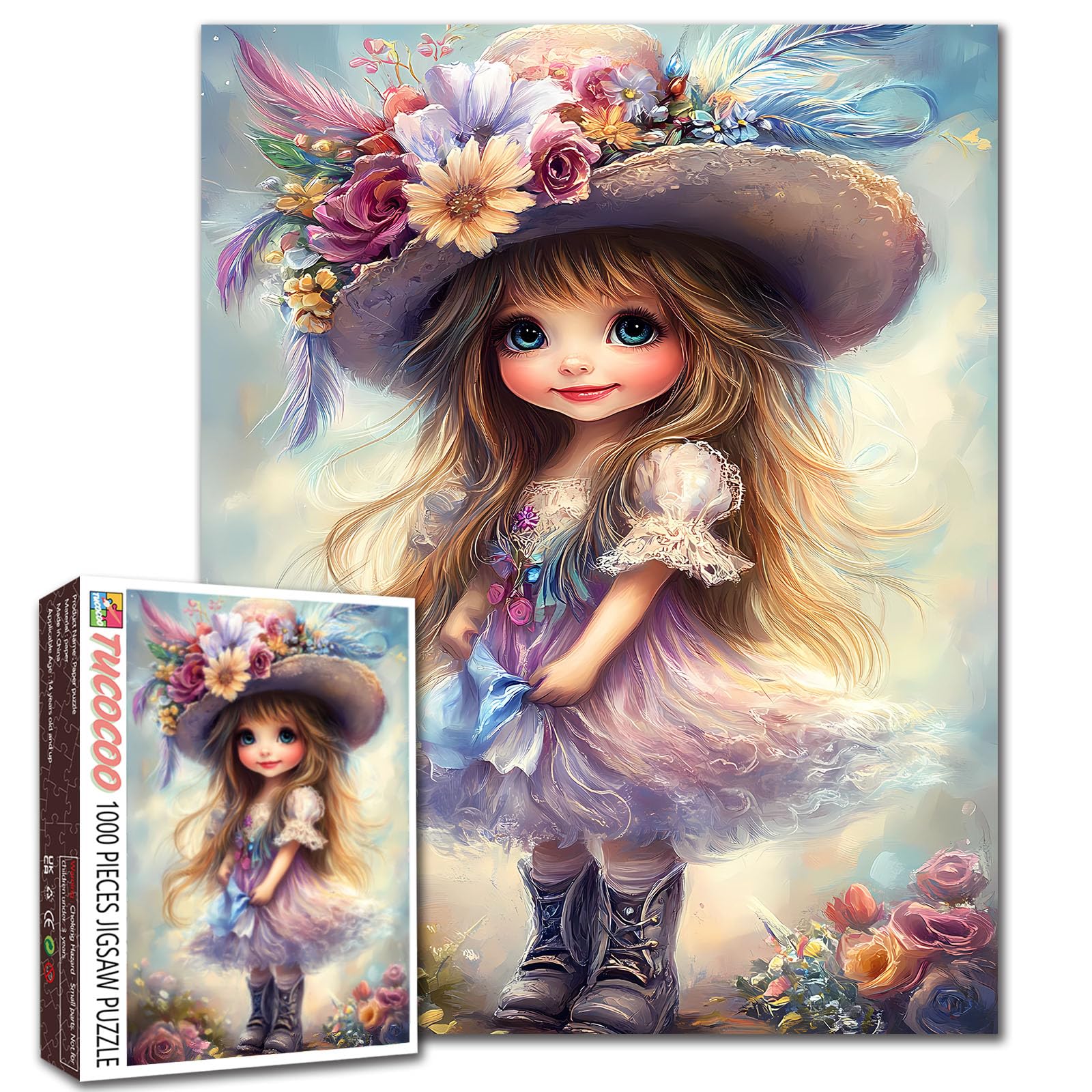 Tucocoo Cute Little Girl Jigsaw Puzzles for Adults 1000 Piece, Flowers Hat Fantasy Art Puzzles Colorful DIY Crafts Puzzles for Home Decoration Gifts, Family Challenging Puzzle Perfect for Game Nights โ image 1