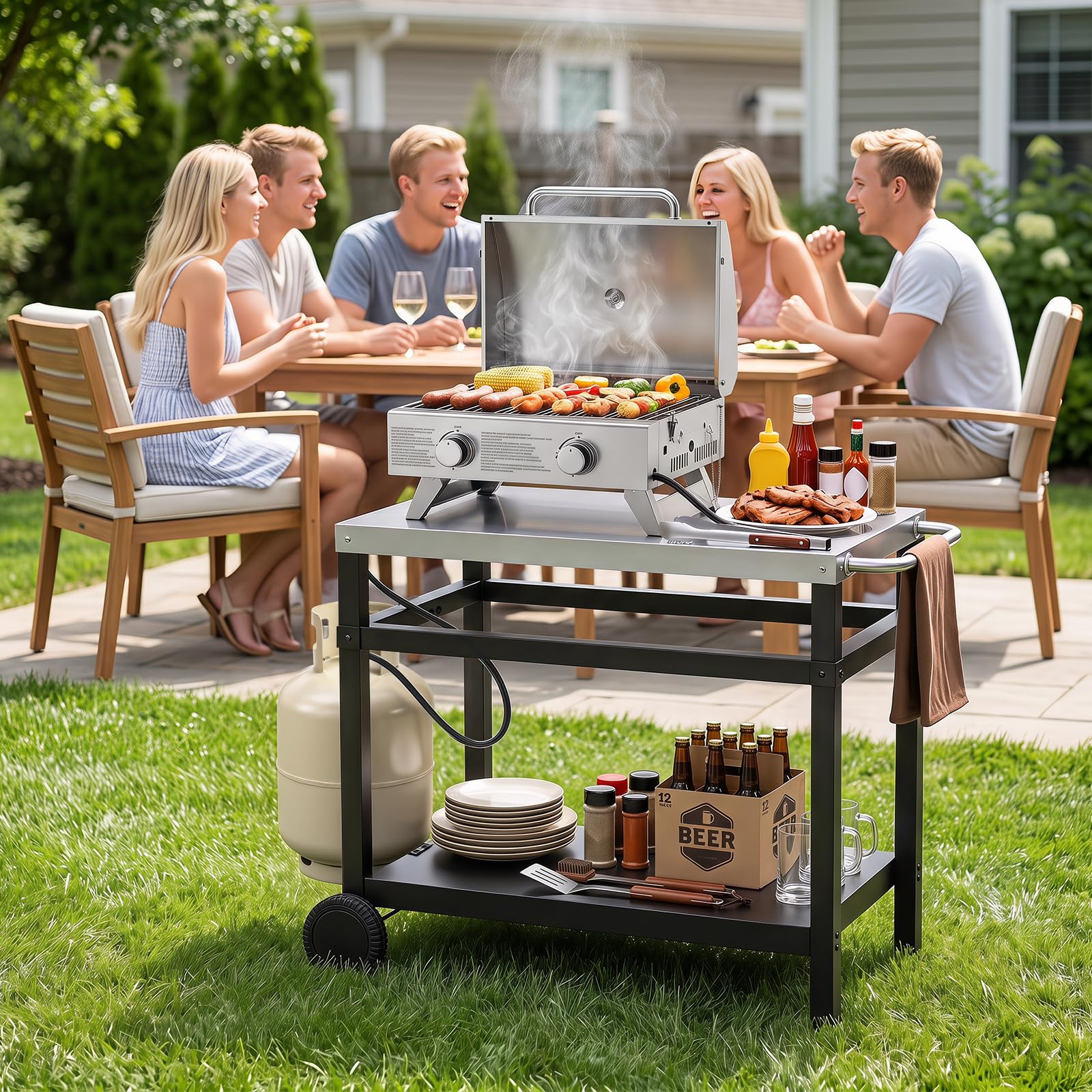 COSTWAY Carrello per Barbecue a 2 Ripiani con Ruote, 90 x 59 x 81 cm