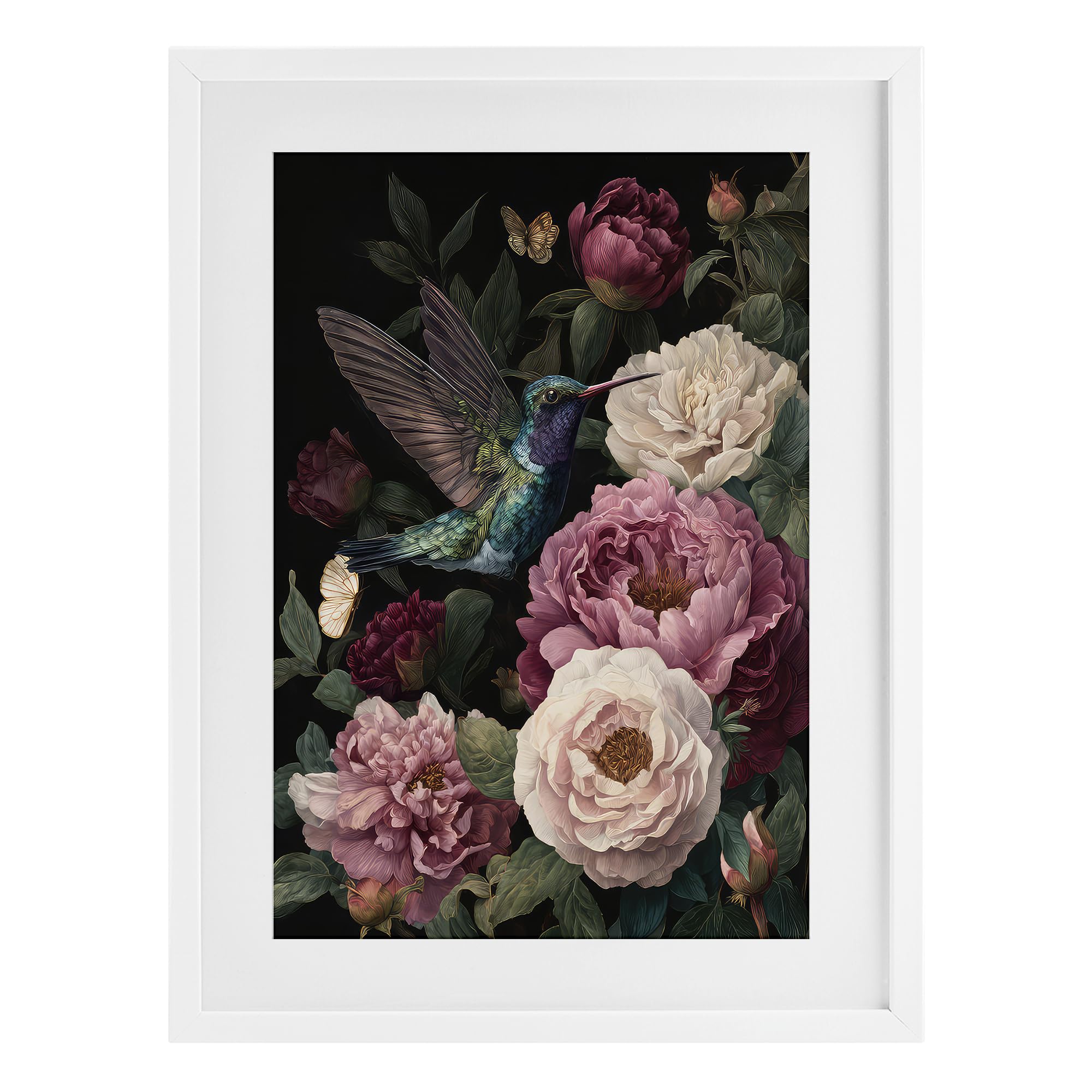 Stupell Industries Coastal White (Textured) 'Hummingbird & Lush Peonies'| Framed Print Under Glass