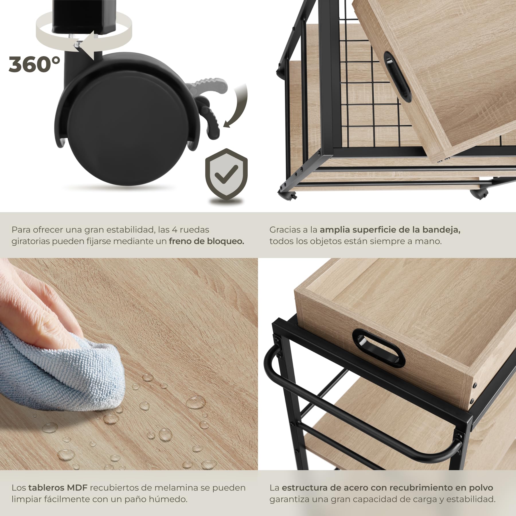 tectake® Carrito de Cocina con 3 Estantes, Almacenaje y Organizador para Baño, Hogar y Cocina, Ruedas Giratorias con Freno - 65 x 41,5 x 87 cm Madera Industrial Clara, Roble Sonoma
