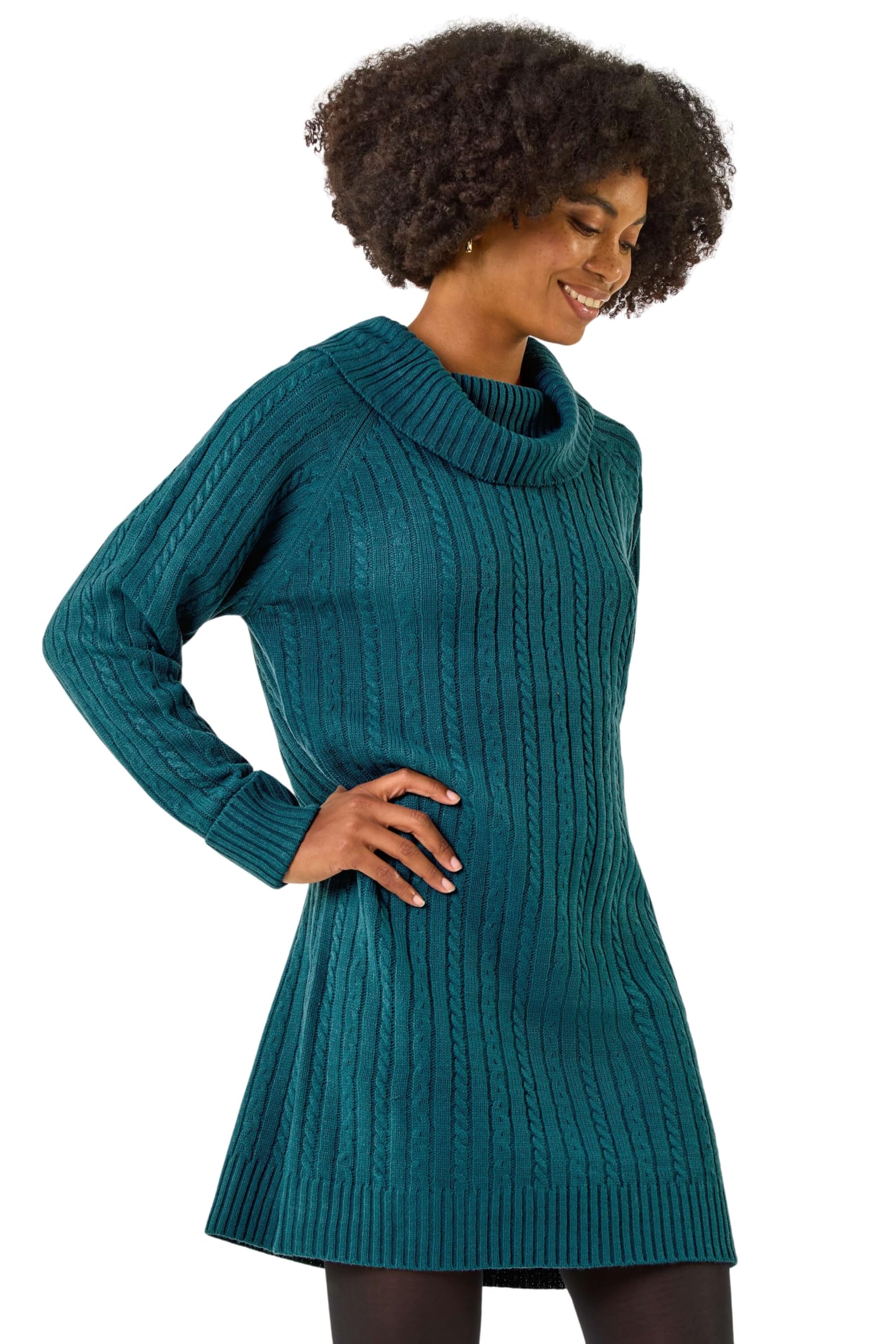 Roman Originals Women's Green Roman Roll Neck Knitted Jumper Dress For Uk - Autumn Everyday Winter Holiday Cowl Neckline Comfy Long Sleeve Soft Rib Detail Frock Desk To Dinner Gowns - Teal - Size 20