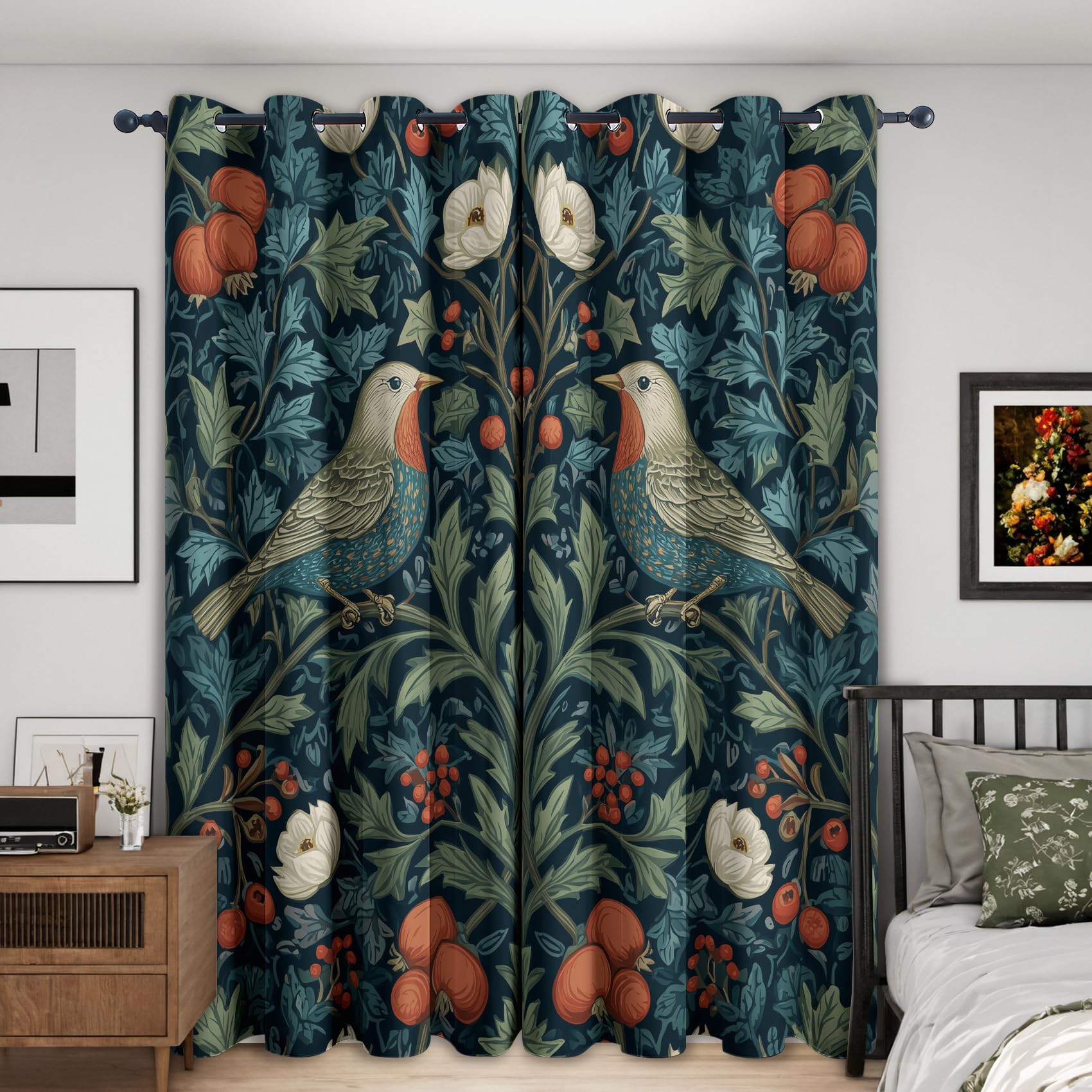 Vorhang Vögel Blumen Vintage Blickdicht, Vorhänge Botanisch Blumenmuster, Fenster Gardinen Schlafzimmer Wohnzimmer, Verdunklungsvorhänge mit ösen, Thermovorhang, 2er Set Curtains, H 166 x B 75 cm S120