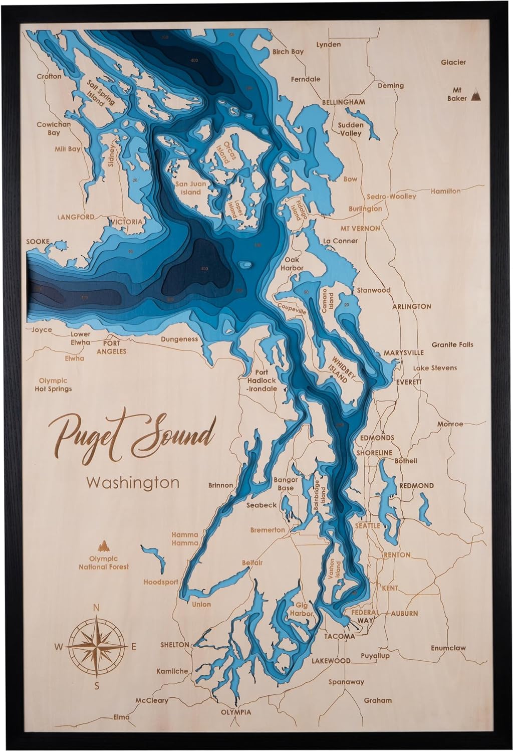 Personalized 3D Puget Sound Wood Map | Lake Depth Map Art | 7-Layer Handcraft Nautical Decor | Rustic Wall Art for Lake House, Cabin | Gifts for 5th Anniversary, Father’s Day, Christmas, Housewarming