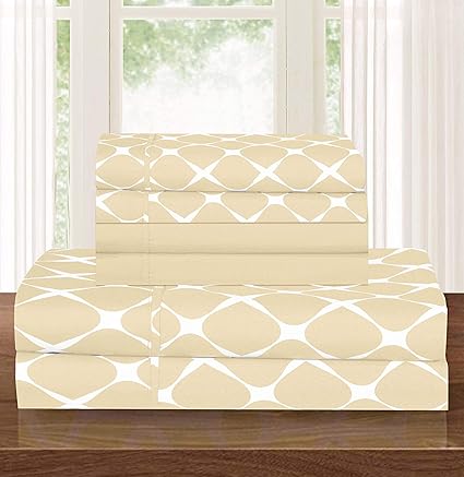 Elegant Comfort Luxury Softest and Coziest 6-Piece Bed Sheet Set, Wrinkle Resistant Milano Trellis Pattern-1500 Thread Count Egyptian Quality Microfiber Bedding Set, Queen, Cream