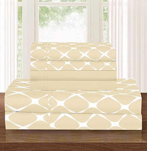Elegant Comfort Luxury Softest and Coziest 6-Piece Bed Sheet Set, Wrinkle Resistant Milano Trellis Pattern-1500 Thread Count Egyptian Quality Microfiber Bedding Set, Queen, Cream