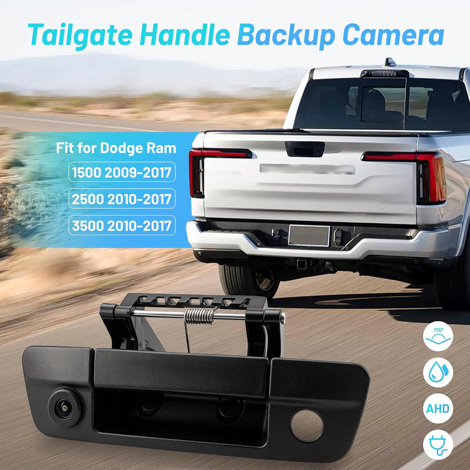 AHD 720P Tailgate Handle Backup Camera Fit for 2009-2017 Dodge Ram 1500 2500 3500 Rear View Reverse Backup Camera IP69 Waterproof 170° Wide Angle RCA Connector Key Hole Park Assist Guideline