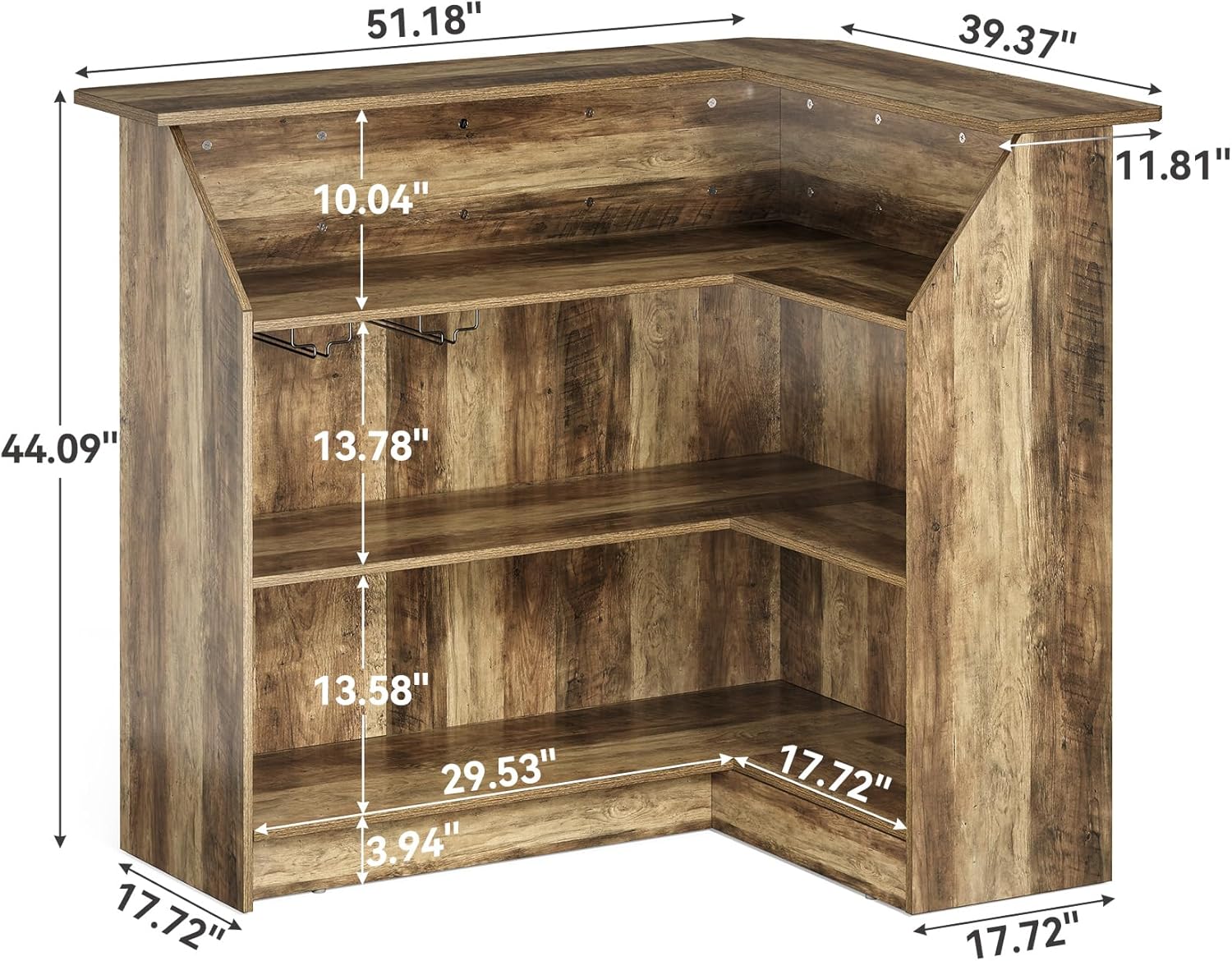 LITTLE TREE Home Bar Cabinet, 4-Tier Mini Bar Cabinet with Stemware Rack, Freestanding Wooden Bar Cabinet, L-Shaped Liquor Table Cabinet for Living Room, Dining Room, Rustic Brown