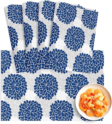 Juego de 4 manteles individuales de flores azules, manteles individuales de PVC lavables, manteles individuales de vinilo tejido gris con hortensias