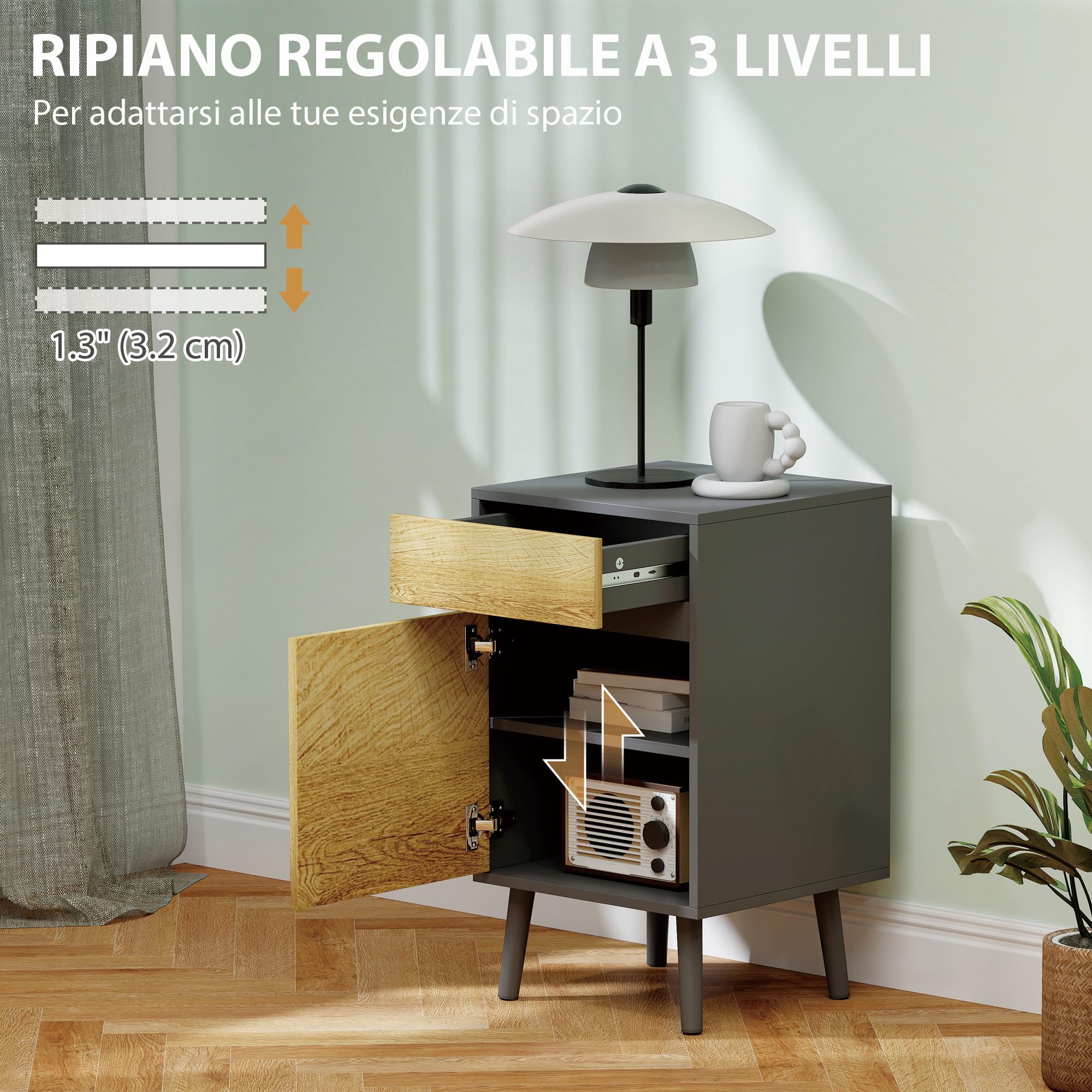 HOMCOM Comodino Camera da Letto con Cassetto Grigio Scuro e Color Legno