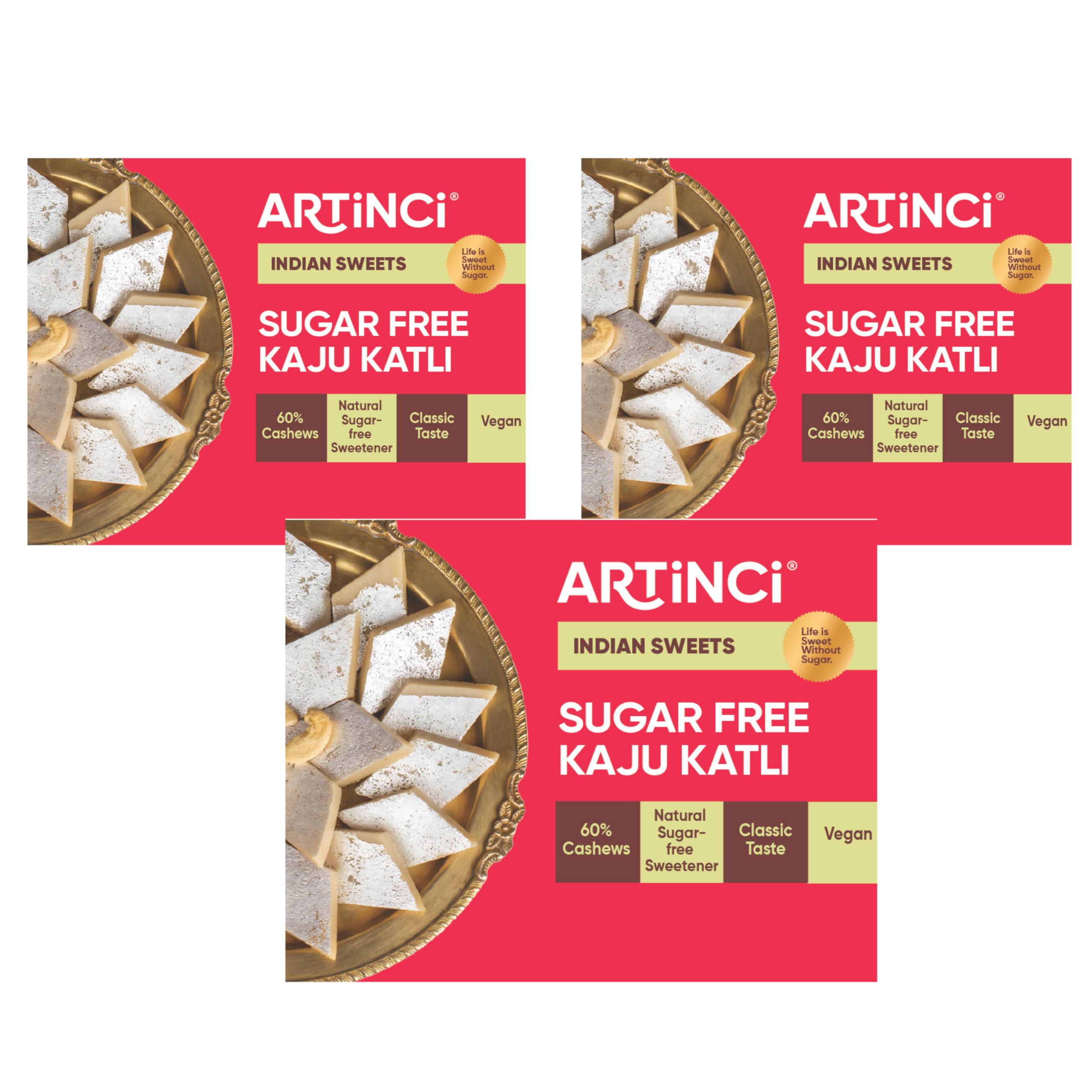 Artinci Sugar Free Kaju Katli, Low carb, Keto Friendly, Pure, Tasty & Healthy Indian Sweets, Vegan Made with pure Cashew Nuts, Ideal for Special Occasion & Festivals, Sugarfree Mithai (160g x Pack- 3)