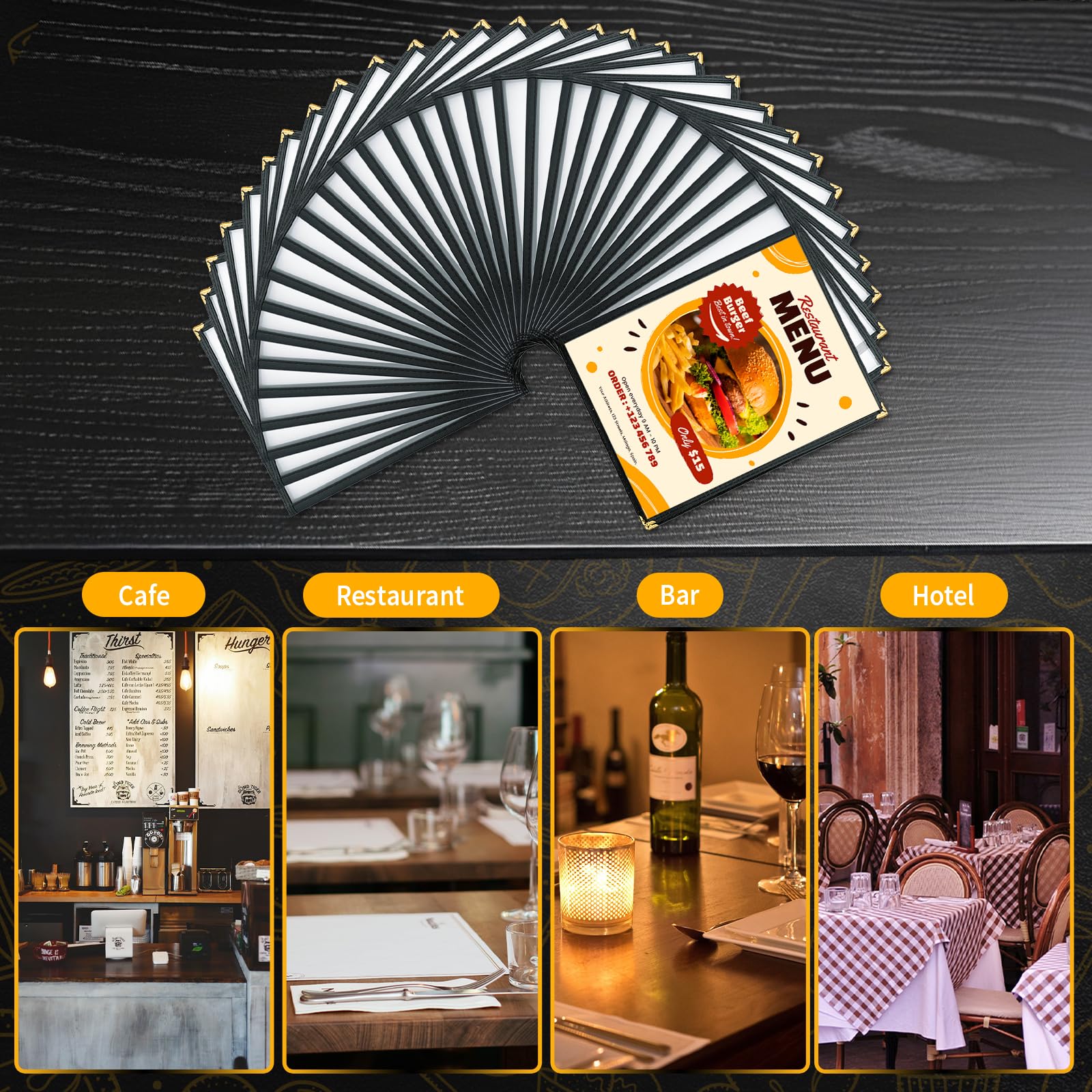 Cubiertas de menú de 8.5 x 11 pulgadas, paquete de 30 fundas transparentes para menú de restaurante para cocina, bebida, vino y menú, color negro (8.5 x 11 pulgadas (2 páginas, 4 vistas))