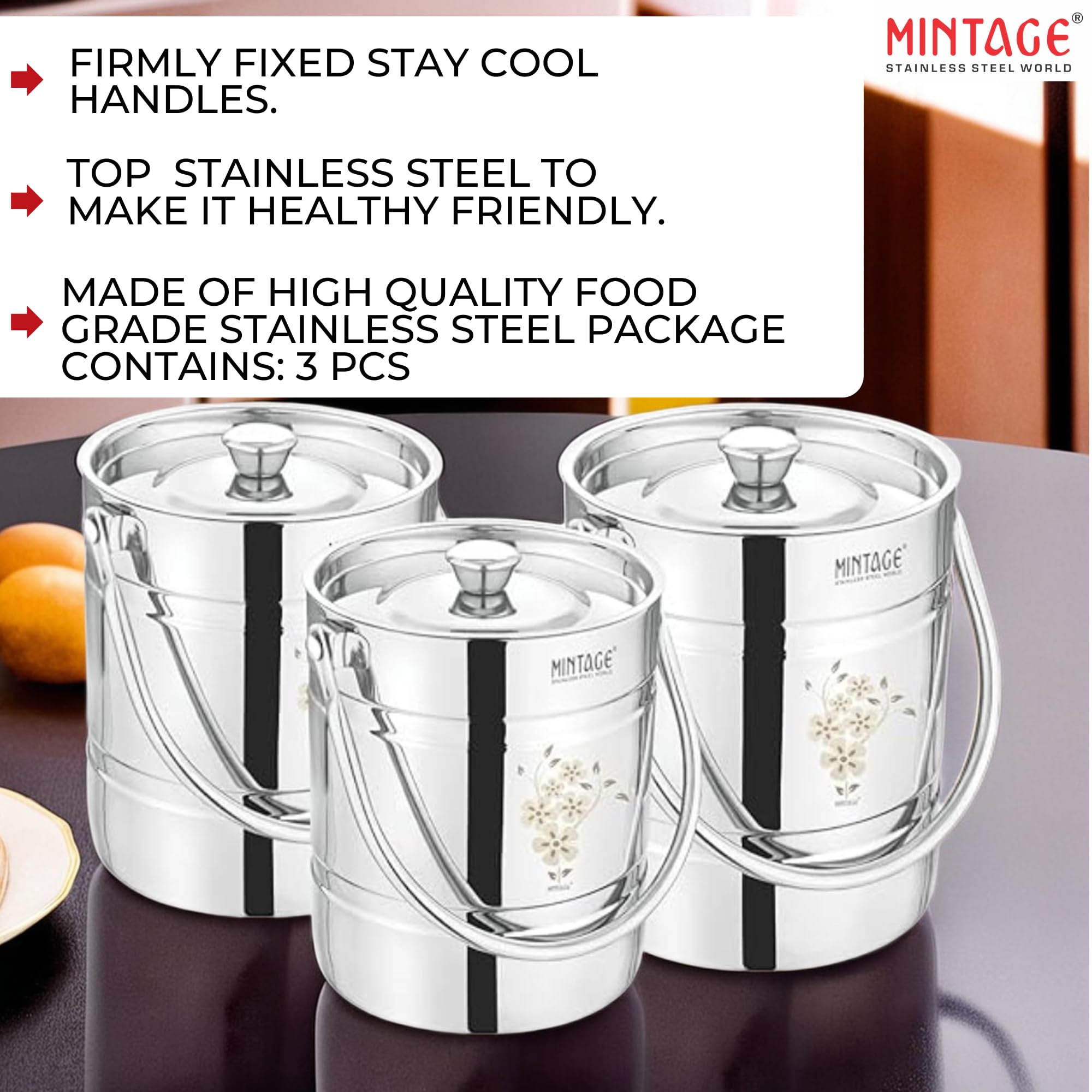 Mintage Laser Milk Barni Stainless Steel 4+5+7 litres Set of 3 |Oil Dolu Jar Ghee Dolchi | Heavy Body Steel Container with Lid | Storage Can | Strong Safe Durable Multipurpose Kitchenware Daily Use 4
